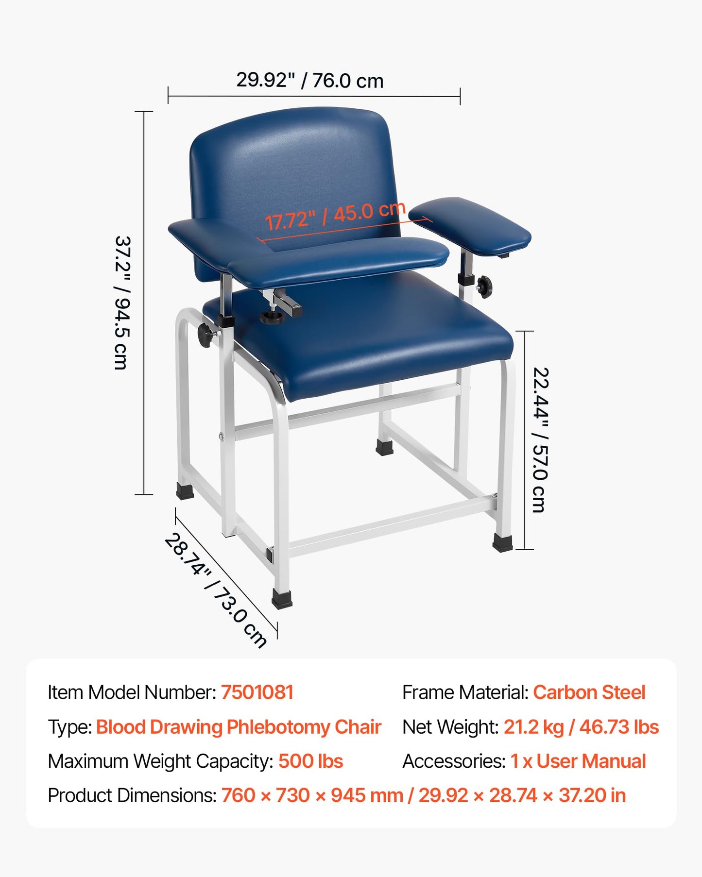 VEVOR Phlebotomy Chair 500LBS Capacity Blood Draw Medical Chair, Comfortable Blood Drawing Chairs with Adjustable Armrests, Soft Padded Seat, Easy-to-Clean PVC Leather for Hospitals Clinics