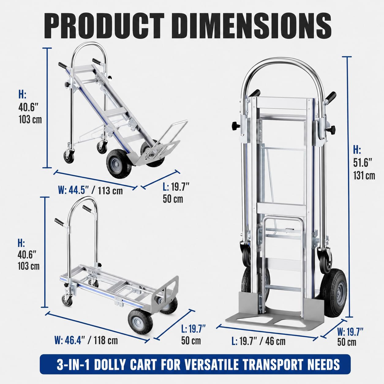 Hand Trucks Heavy Duty Aluminum Dolly Cart, 3 in 1 Design 1000 Lbs Capacity with Solid Wheels - Foldable, Portable, Ergonomic Handle, Perfect for Construction, Warehouses, Factories, Indoor & Outdoor
