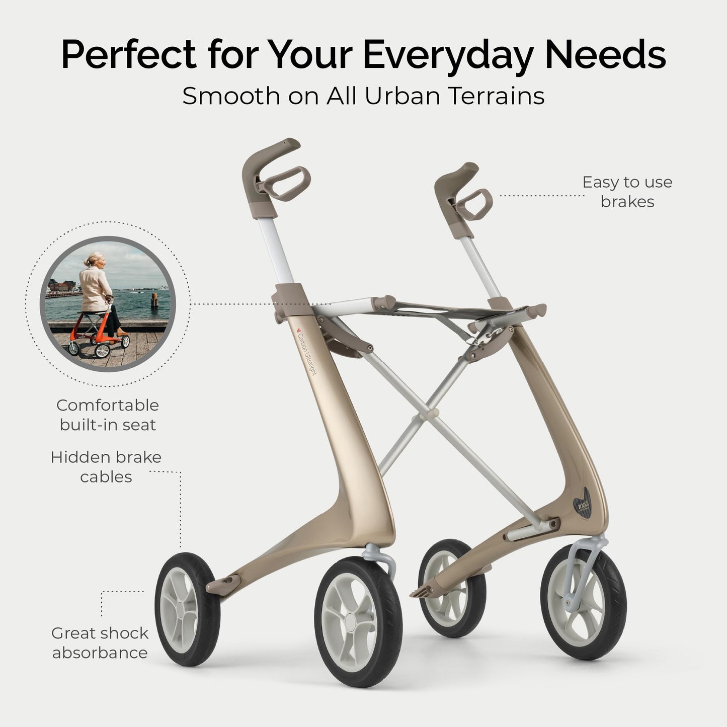 byACRE Carbon Ultralight Rollator Walker - World's Lightest Carbon Rollator - Only 10.6 lbs | Indoor and Outdoor Use | Foldable with seat and Easy to Travel with (Champagne Gold, Wide Track)