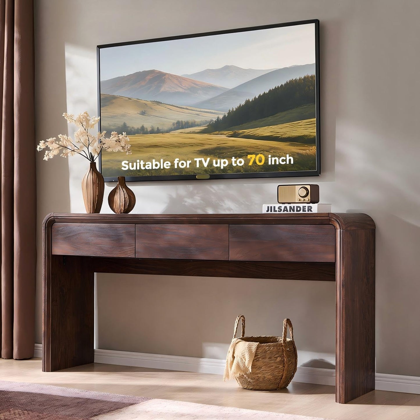 Aitjunz 63'' Console Table with 3 Drawers, Modern Entryway Table with Curved Profile Design, Narrow Long Wood Sofa Table Behind Couch Table for Living Room, Hallway, Foyer, Brown