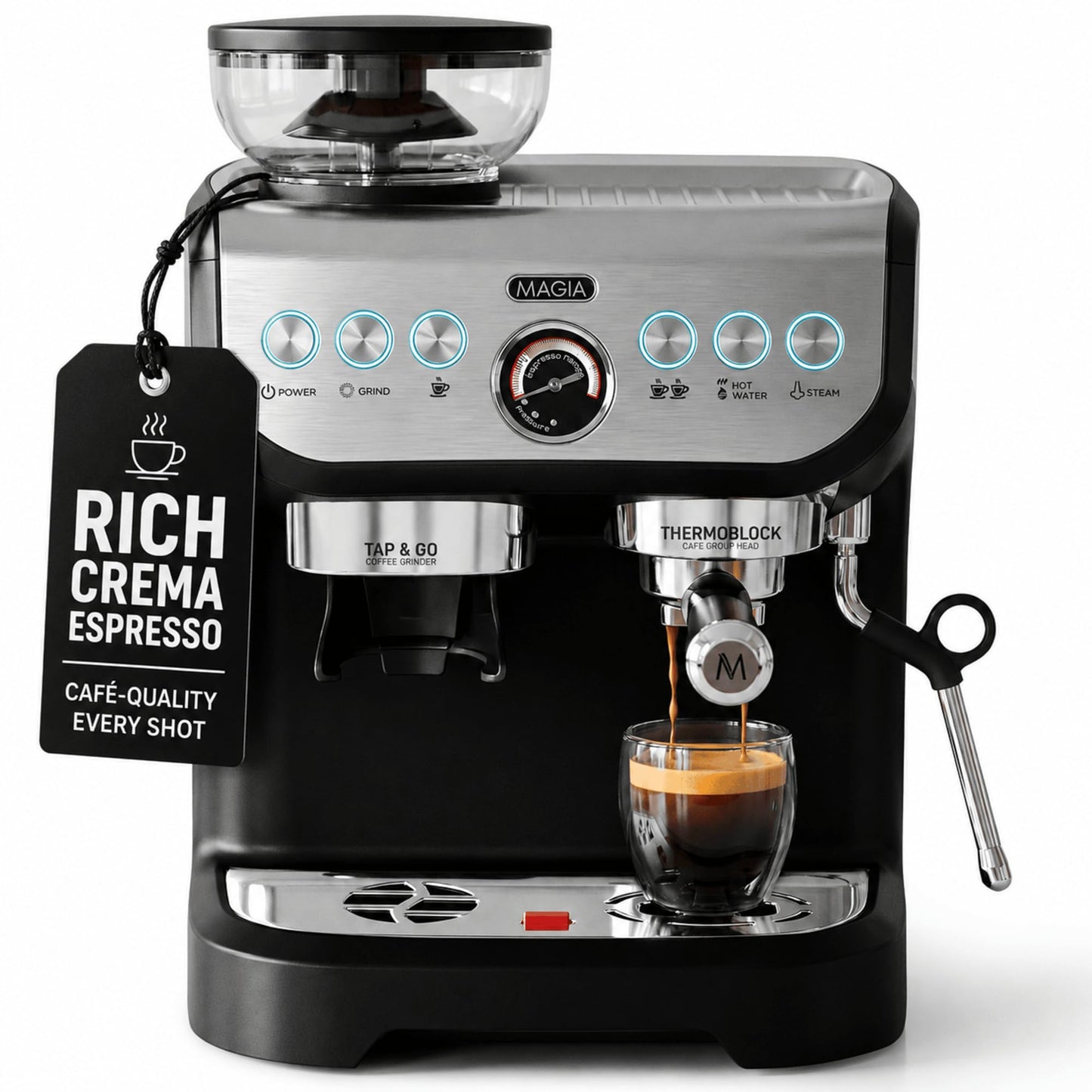 Zulay Kitchen Magia Manual Espresso Machine with Built-In Grinder & Steam Wand – 15 Bar Pressure Espresso Maker, 2L Removable Water Tank, Milk Frother, Complete Home Barista Set, Black & Silver