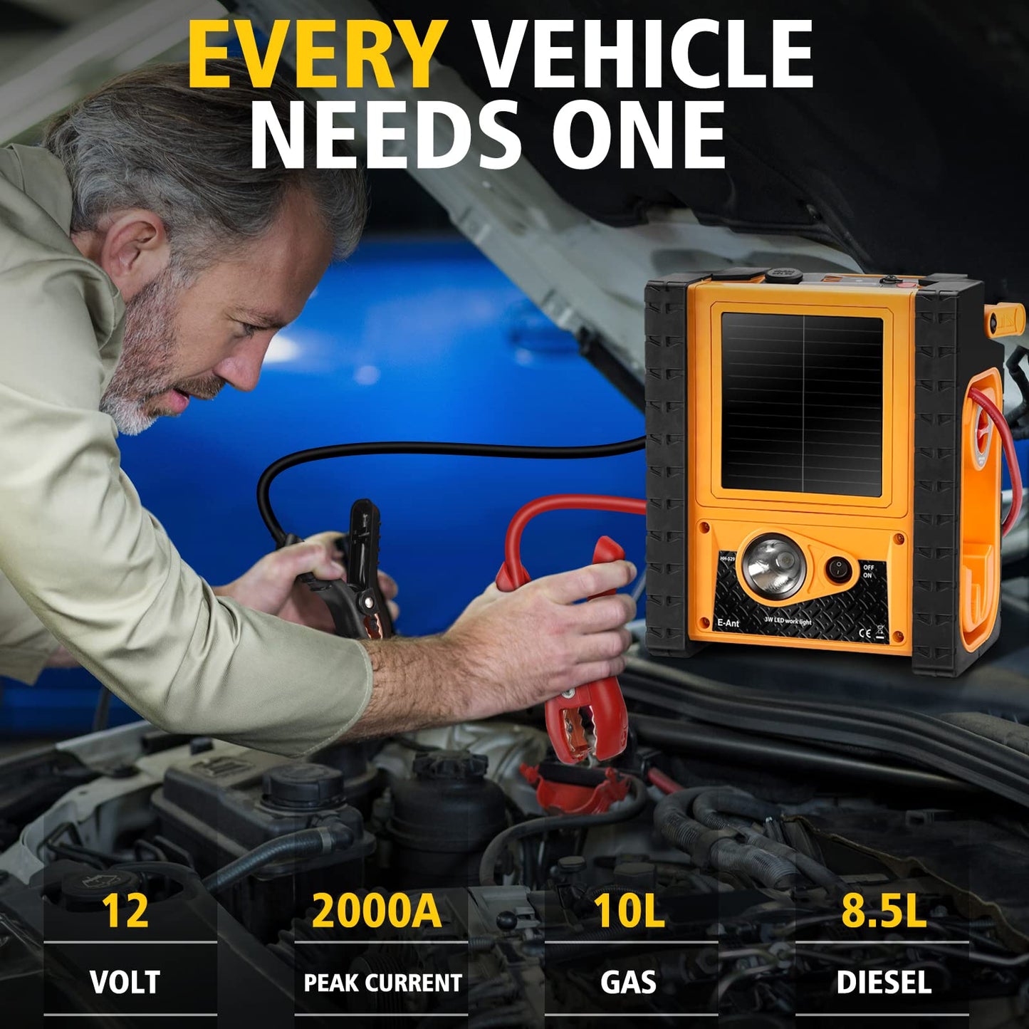 E-Ant 2000A Peak Car Jump Starter with Air Compressor, 260 PSI Portable Air Compressor Tire Inflator, Heavy Duty 12V Jump Box Battery Charger Booster for Truck with 400W Power Inverter, Flashlights
