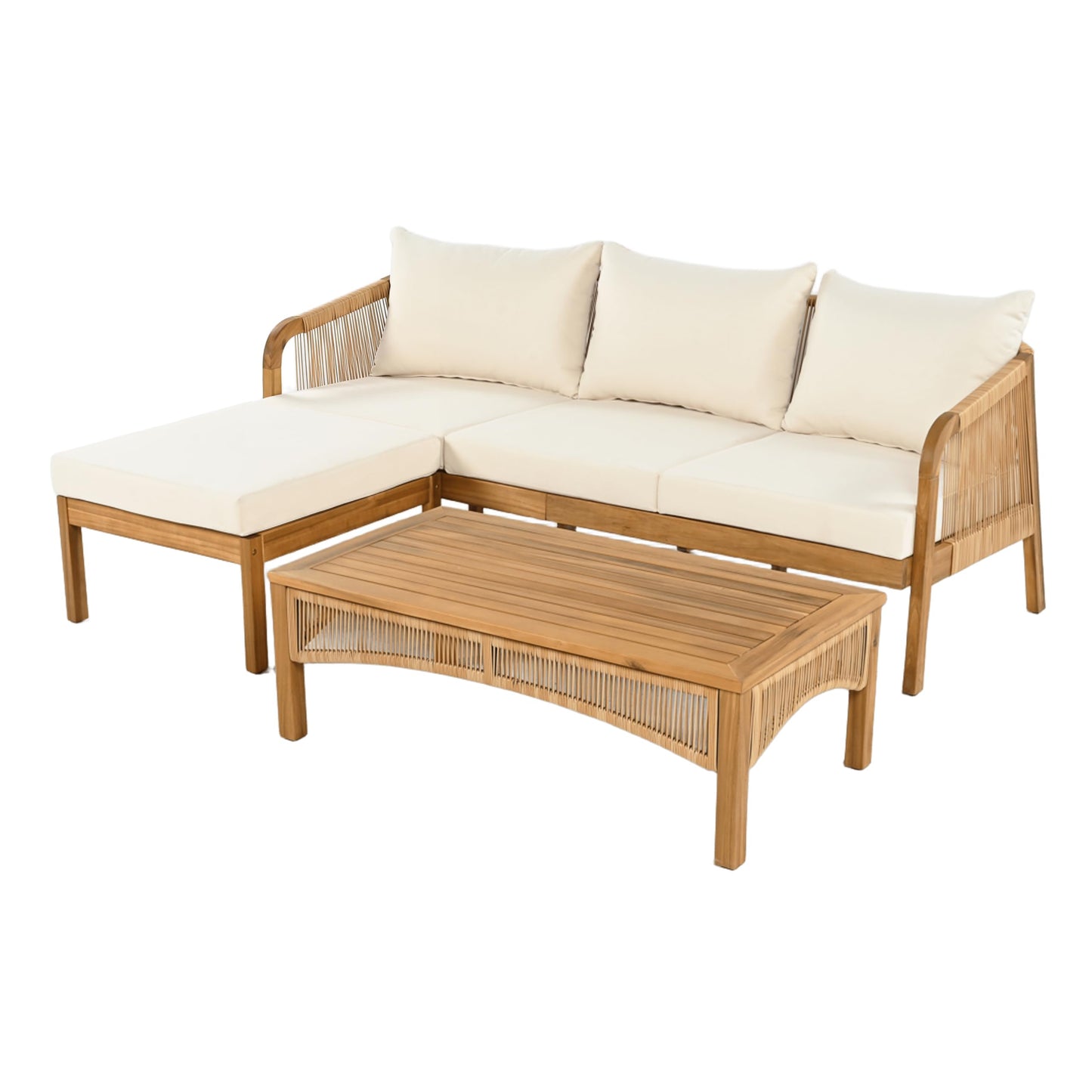 Christopher Knight Home Havets 3 Pieces Acacia Wood Patio Furniture Set, Faux Rattan Sofa and Coffee Table, Outdoor Conversation Sets with 6" Thick Cushions for Backyard Garden Balcony, Teak+Beige