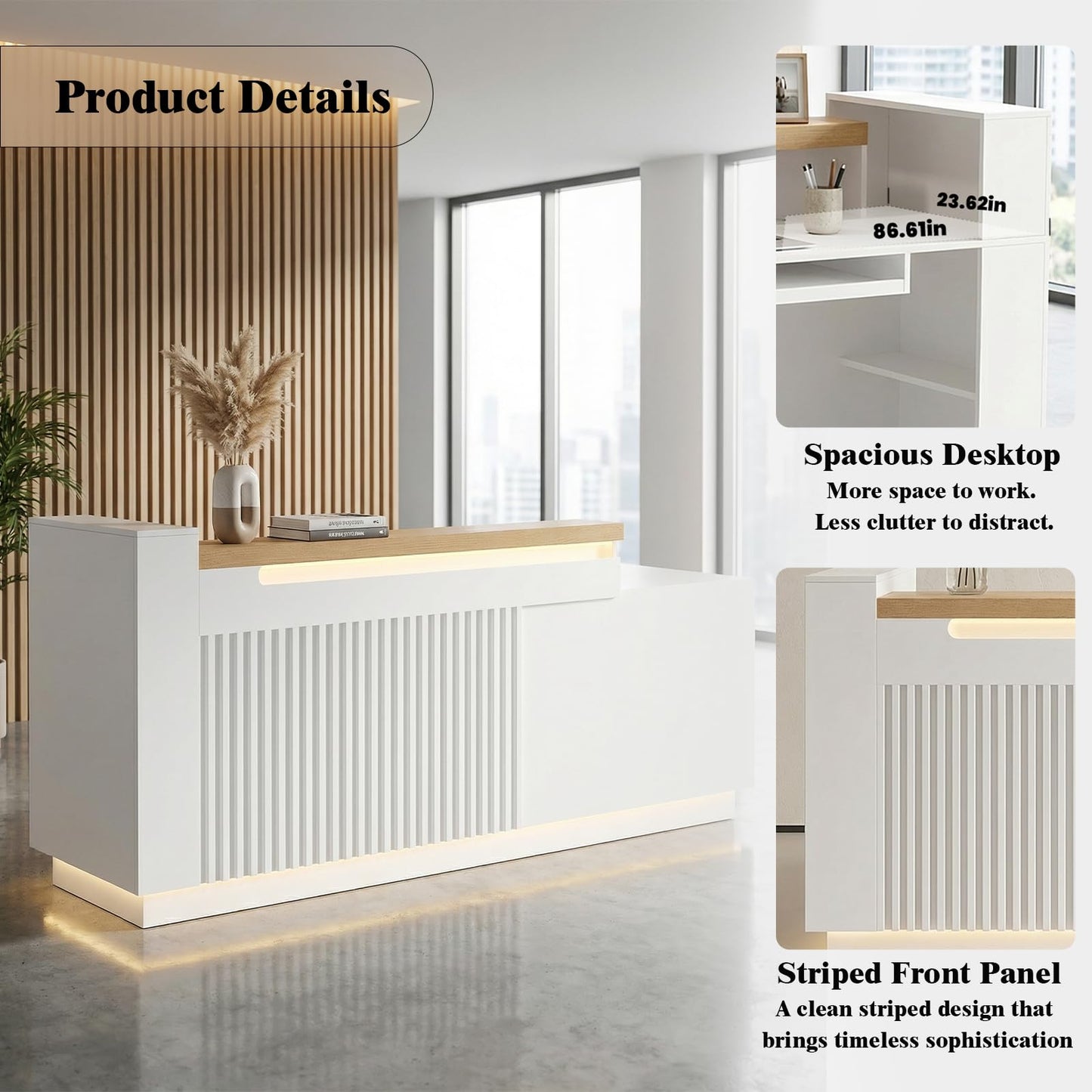 63" L-Shaped Reception Desk with LED Lights and Slatted Grille, Modern Front Desk with Built-in Outlets for Salon, Retail Store,Office,White Checkout Counter with Dimmable Switch,Reception Counter