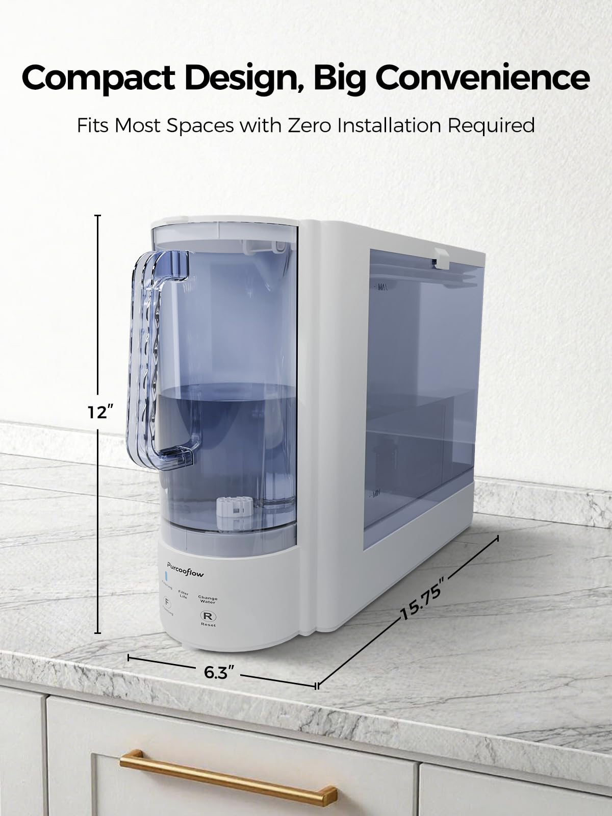 Purcooflow Countertop Reverse Osmosis Water Filtration System, Alkaline, Compact Auto-Fill Dispenser for Home, 4-in-2 Water Purifier, 3.5:1 Pure to Drain Ratio, No Plumbing Required,