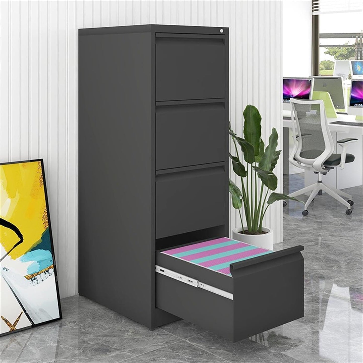 PeacefulHues 4 Drawer Metal Filing Cabinet with Lock, Heavy Duty Vertical File Cabinet for Home Office, Stores Letter, Legal, A4 & F4 Size Documents Black