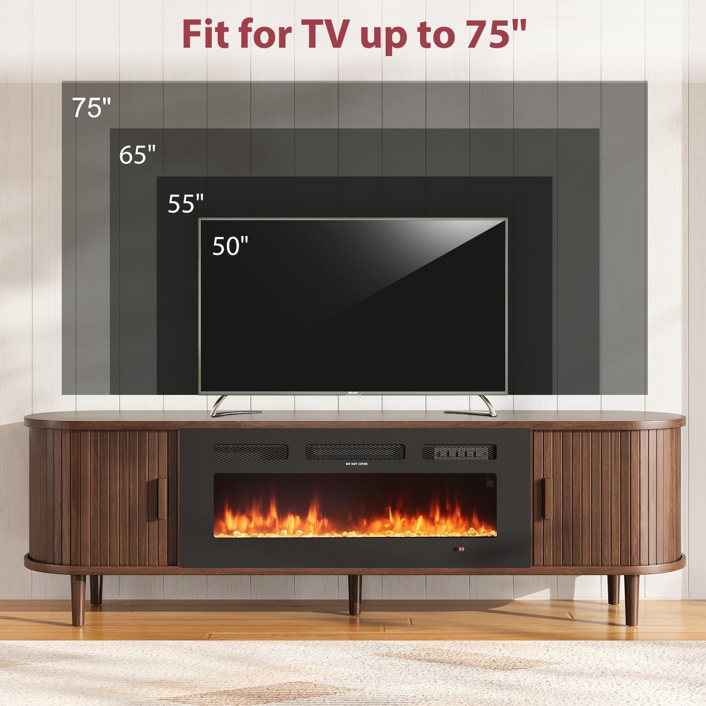 OneBlis 70" Mid Century Modern TV Stand with Fireplace, Fluted Fireplace TV Stand, Entertainment Center with Sliding Door, TV Console with Solid Wood Legs for Living Room, Walnut