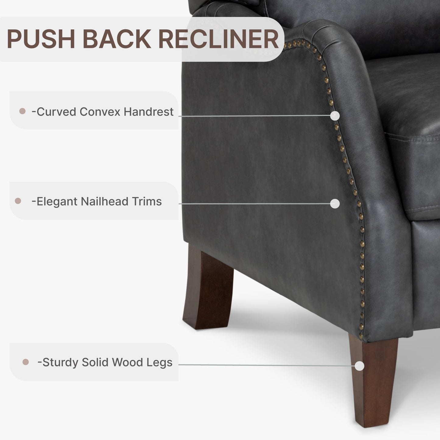 KISLOT Leather Pushback Recliner Faux Armchair with Rivet Decoration Single Sofa Accent Chair for Living Room Bedroom