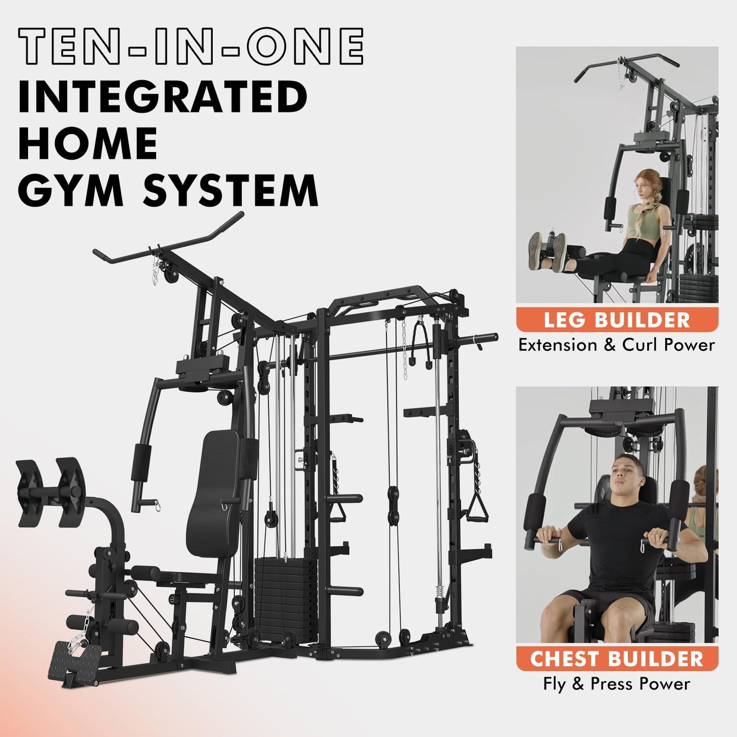 GMWD Dual-Station Smith Machine Power Cage, All-in-One Home Gym Workout Station with 121LB Weight Stacks & Cable Crossover, Professional Functional Trainer for Couples & Family Strength Training