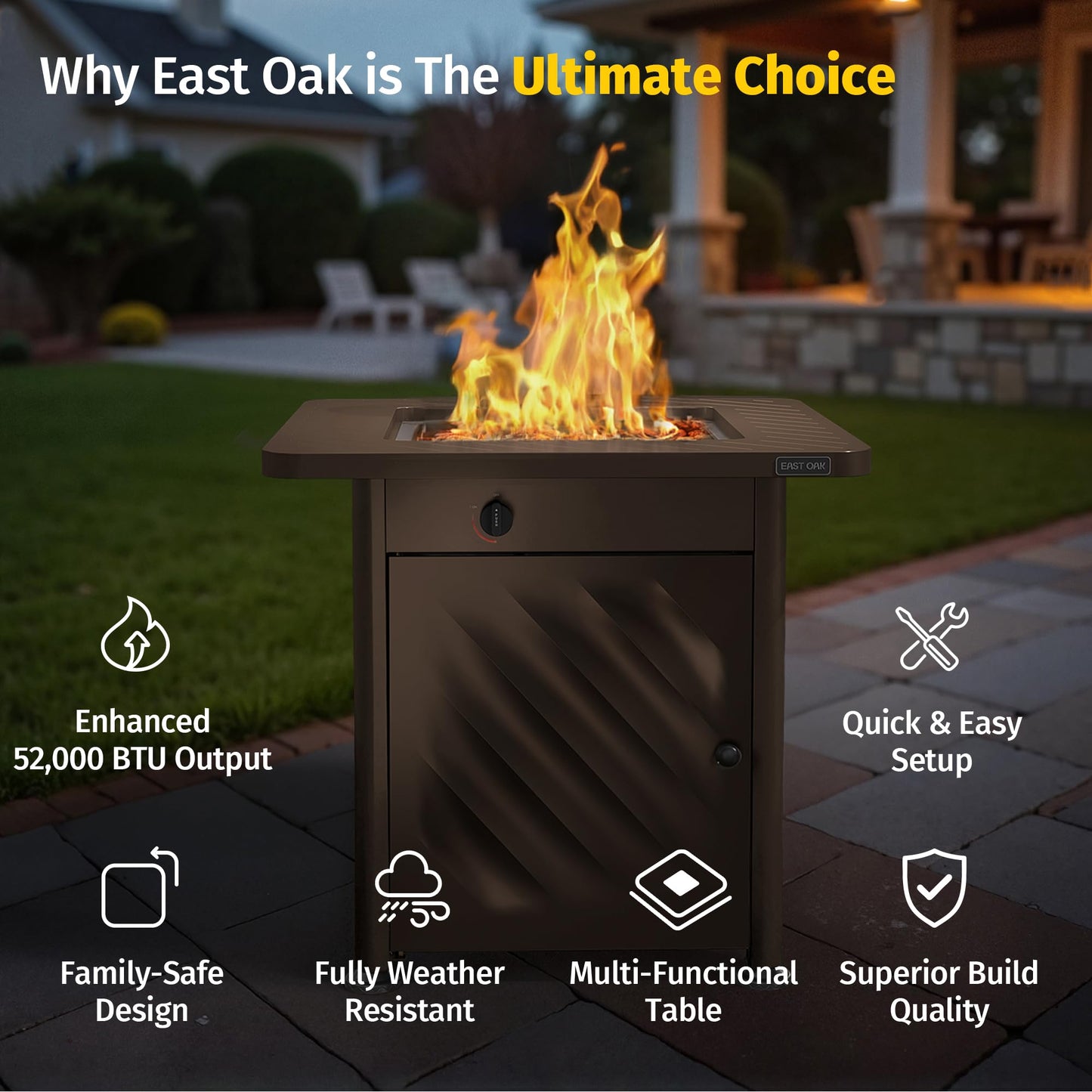 East Oak 28” Outdoor Propane Fire Pit Table | 52,000 BTU Gas Fire Pit for 2-4 People with Space-Saving Hock Lid, Mesh Pocket & Lava Rocks | CSA Certified Safe for Patio, Deck, Backyard, Brown