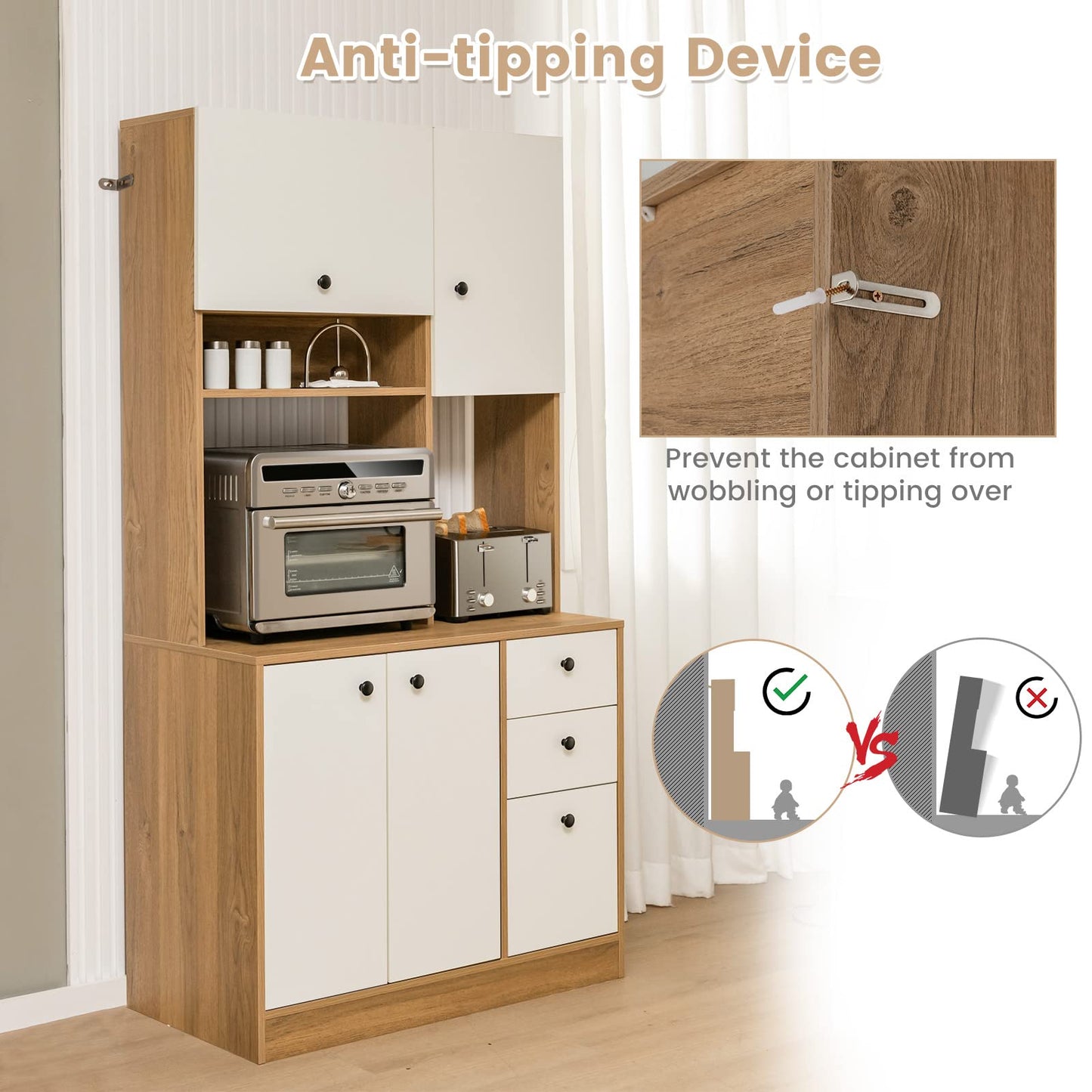 Giantex Kitchen Pantry, Buffet Hutch with 3 Storage Cabinet, 71'' Floor Large Cupboard with 3 Deep Drawers, Wide Countertop, Adjustable Shelves, Tall Sideboard (White & Natural)