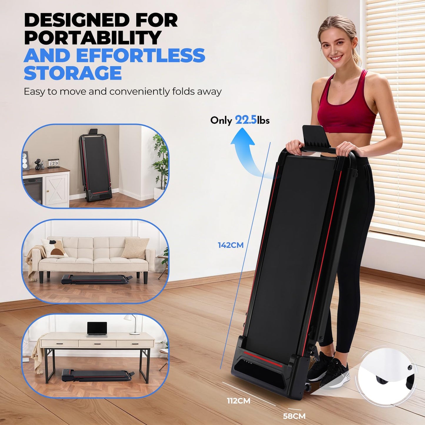 Gorise Walking Pad with Incline & Height-Adjustable Handlebar, 5-in-1 Foldable Treadmill for Home & Office, Portable Under Desk Treadmill 350LB with Remote Control LED Display Red