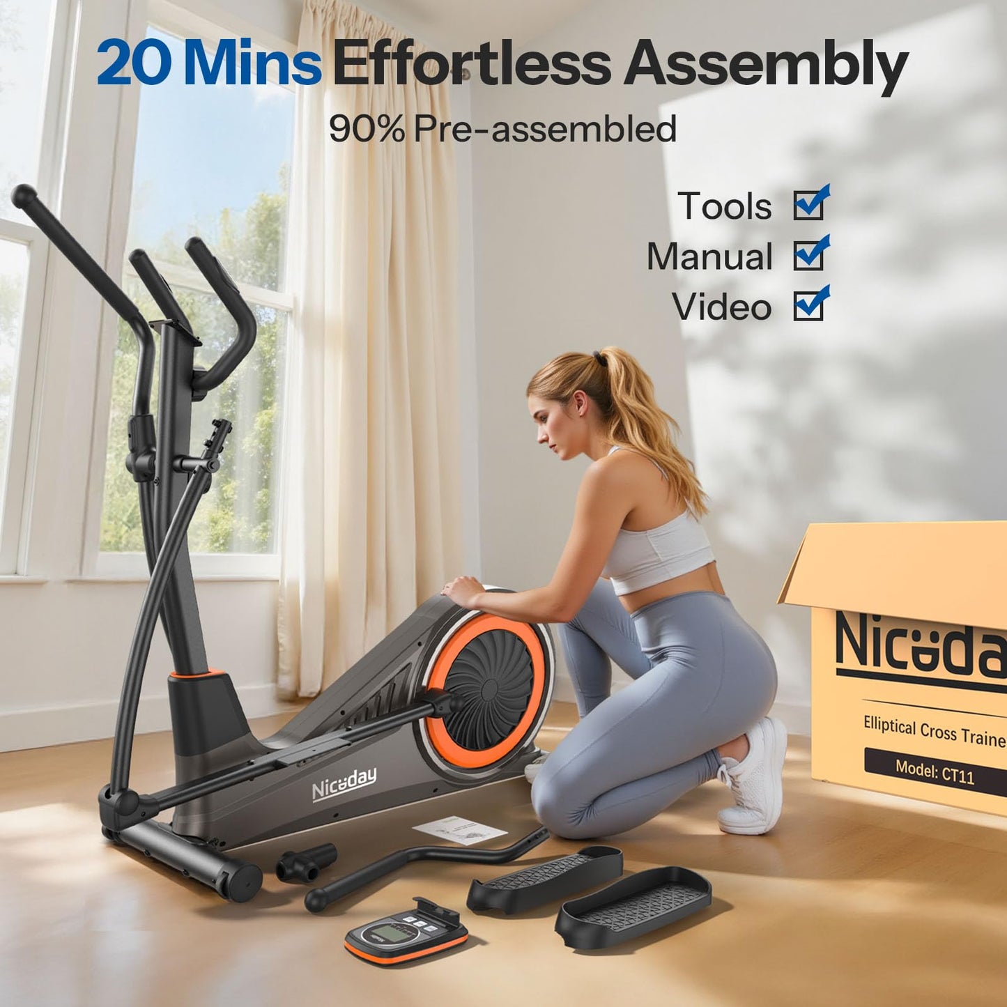 Niceday Elliptical Exercise Machine, Elliptcal Machine for Home, 16IN Stride Elliptical Machine, Elliptcal Training Machine with 16 Level Resistance, 400LBS Loading Capacity