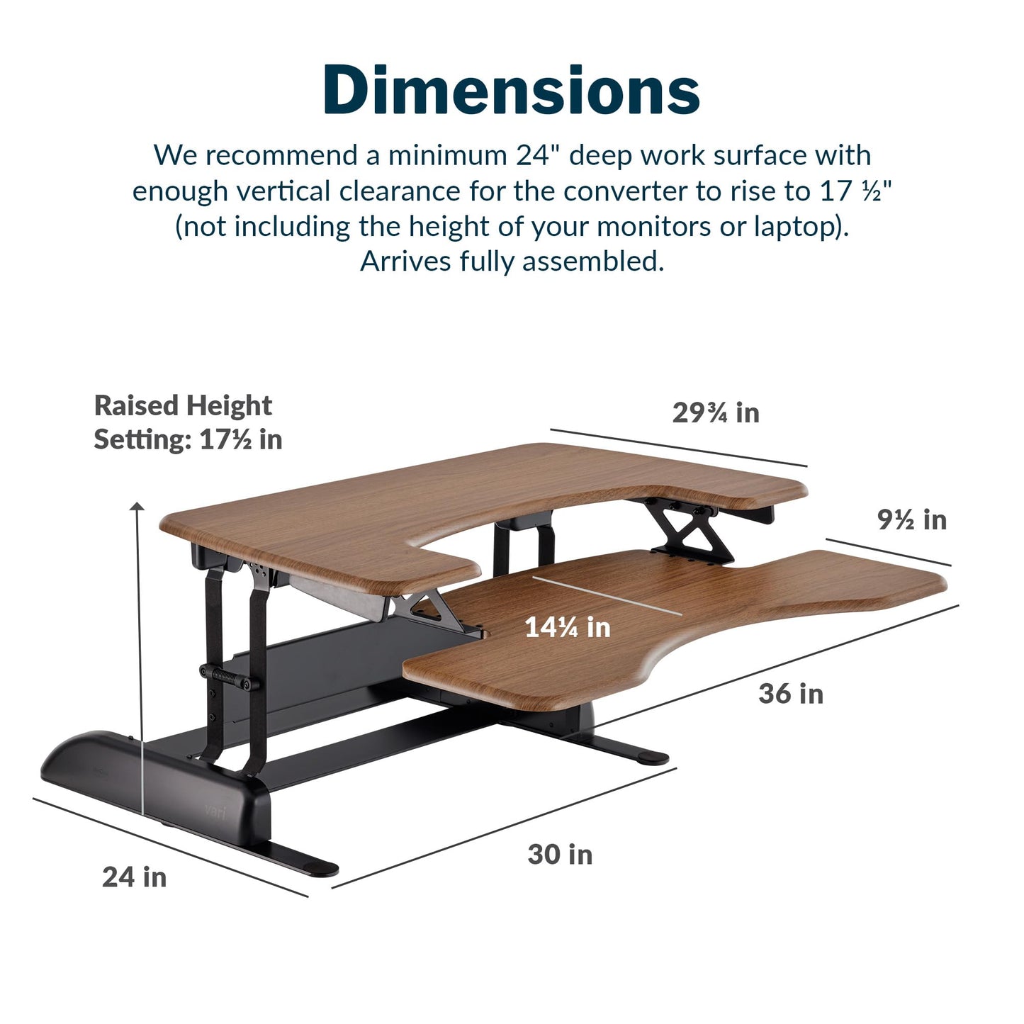 Vari VariDesk Pro Plus 36 Standing Desk Converter – 11 Height Settings + Spring Lift, 2 Tier Design, Keyboard Tray, Fits Desktops 36” Wide x 26.5" Deep – Delivers Fully Assembled (Walnut)