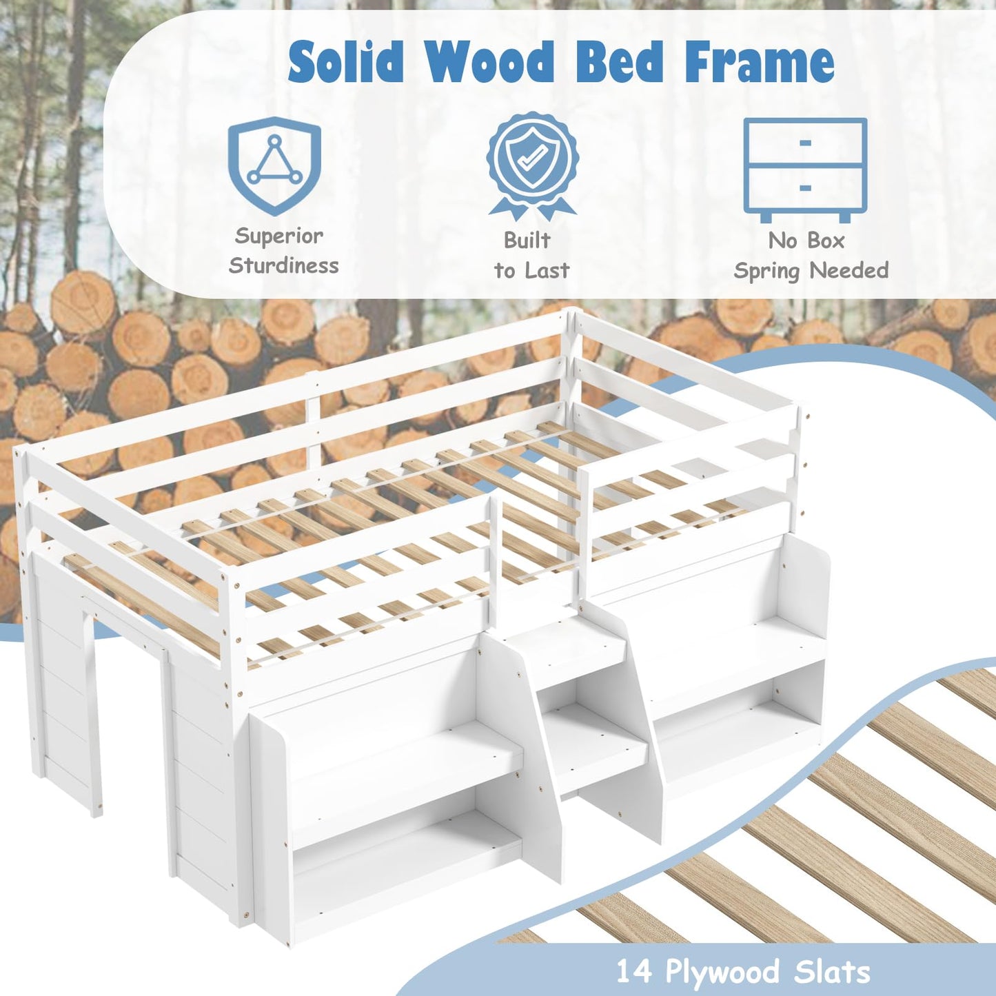 KOMFOTT Low Loft Bed with LED Light & 2 Bookcases, Wood Kids Twin Bed with Under-Bed Play Space, Stairs & Guardrails, No Box Spring Needed, Modern Low Loft Bed Frame, White