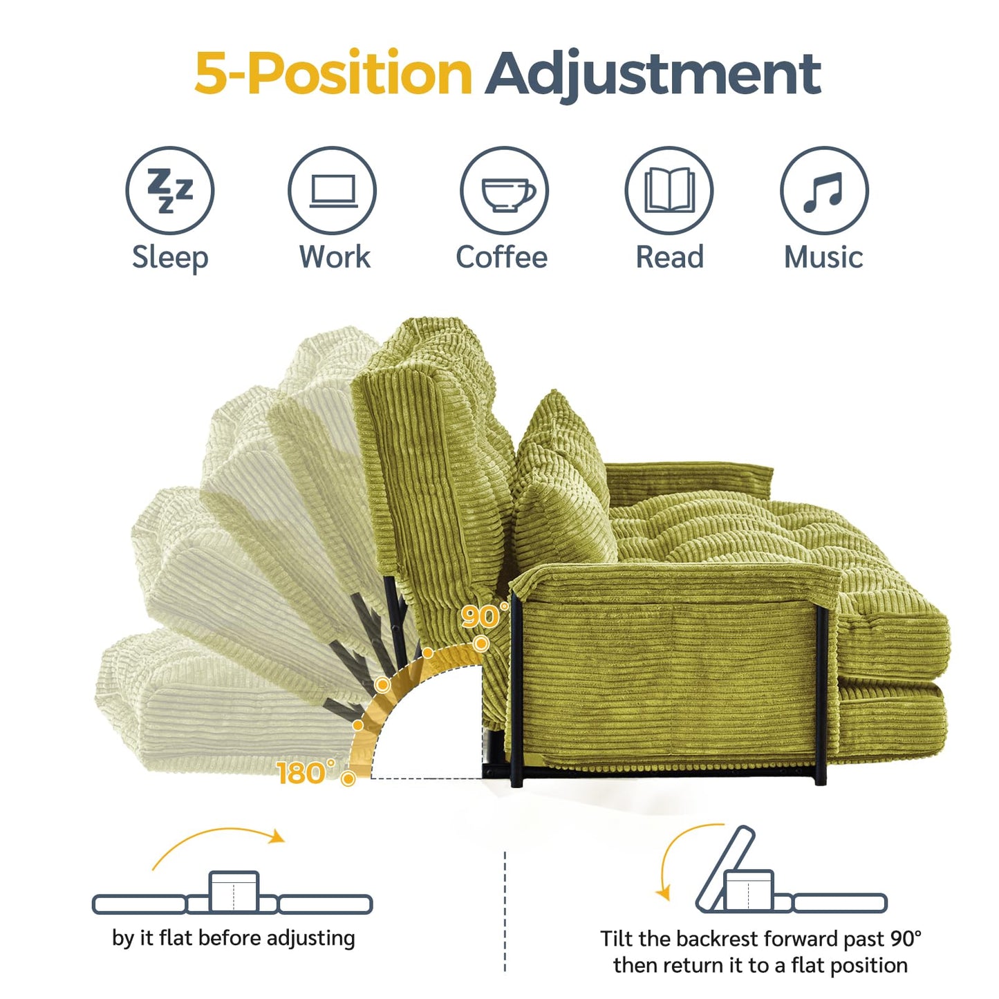 MAXYOYO Adjustable Floor Sofa Couch with 2 Pillows, Multi-Functional Bean Bag Bed, 5-Position Foldable Lazy Sofa Bed with Armrest, Versatile Floor Seating for Reading, Green, Double