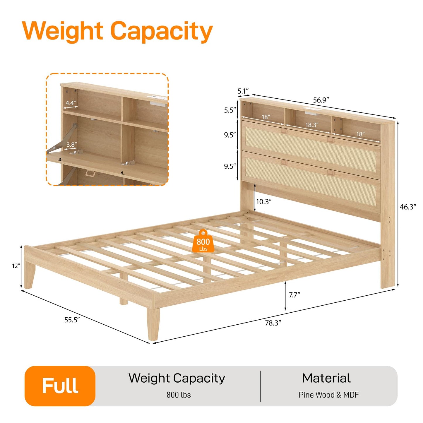 VINGLI Full Size Platform Bed Frame with Storage Headboard and Charging Station, Modern Rattan Wood Bed with Shelves,Space Saving Bed Frame for Bedroom or Guest Room