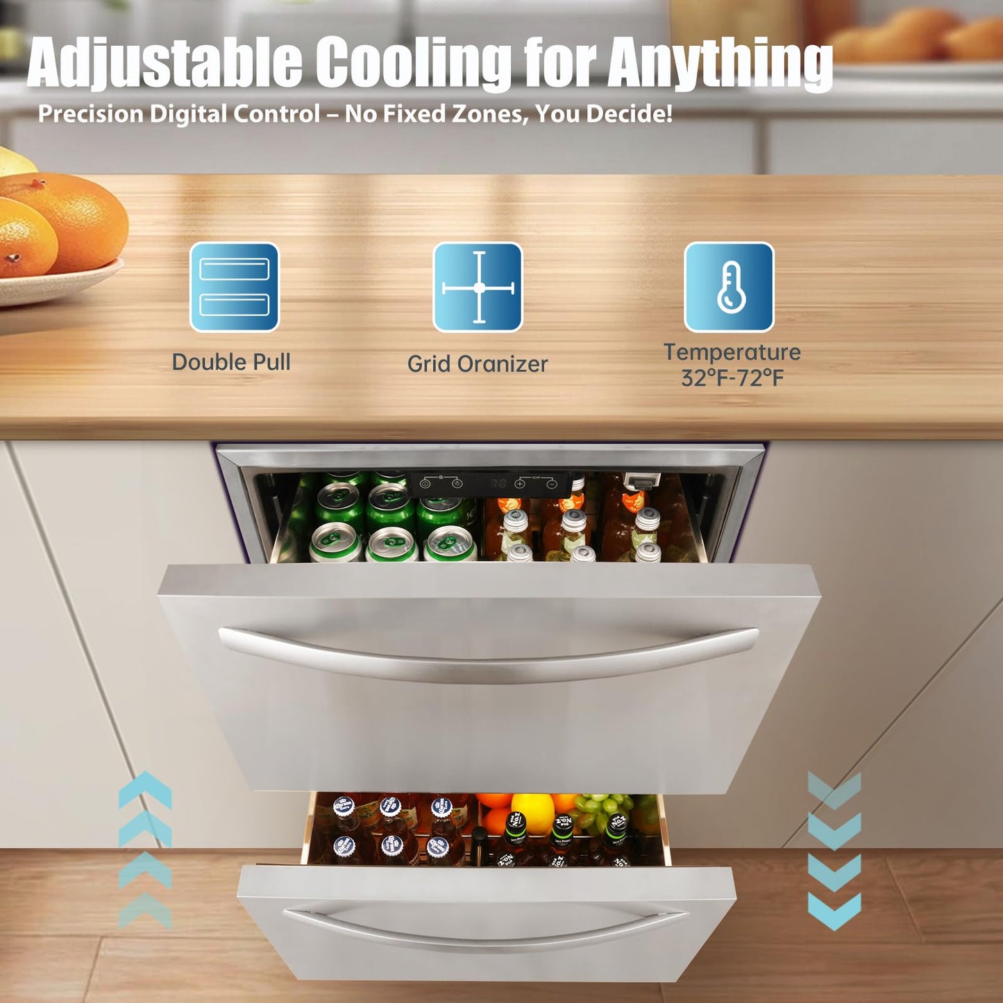 HCK 24 Inch Under Counter Double Drawer Fridge, Stainless Steel Outdoor Beverage Refrigerator for Patio, Built-in Beverage Fridge for Home & Commercial Use