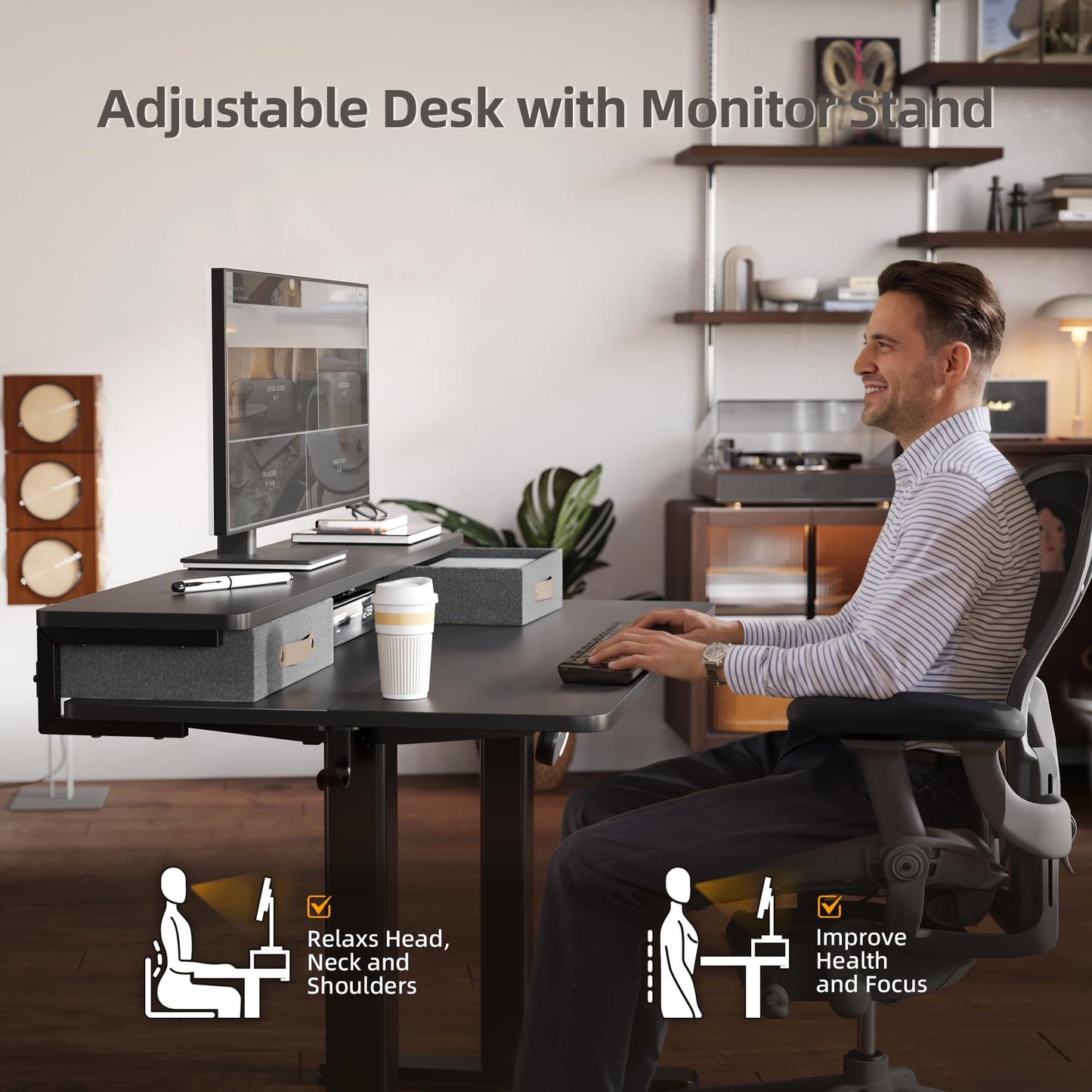 Seang Electric Standing Desk with 2 Drawers, Adjustable Standing Desk with Storage Shelf, Height Adjustable Stand up Desk for Home Office with 3 Presets & 2 Hooks,55 Inch, Black