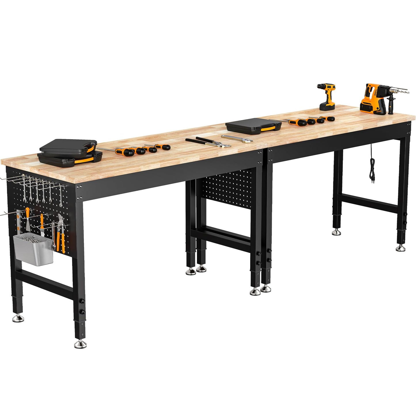 CAMMOO 96" Adjustable Heavy Duty Workbench, 2000 LBS Load Capacity Rubber Wood Work Table with Pegboard, Power Outlets, Work Bench for Garage, Workshop, Office, Home, Commercial, Ships in 2 Boxes