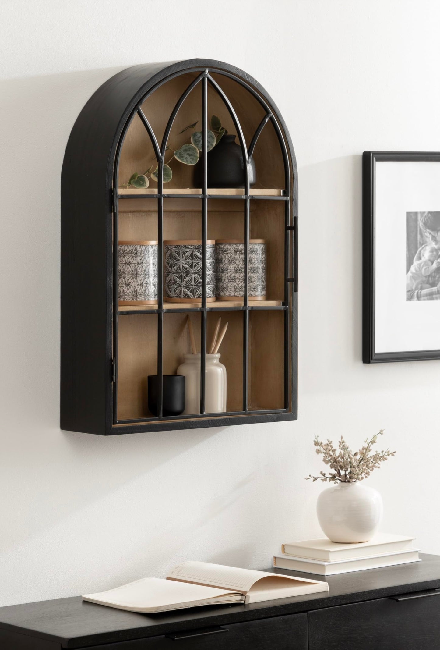 Kate and Laurel Megara Decorative Wooden Hanging Arched Wall Cabinet with Door for Open Storage; 16 x 6 x 24; Black and Natural Wood; Wooden Floating Wall Bathroom Cabinet for Above Toilet Storage