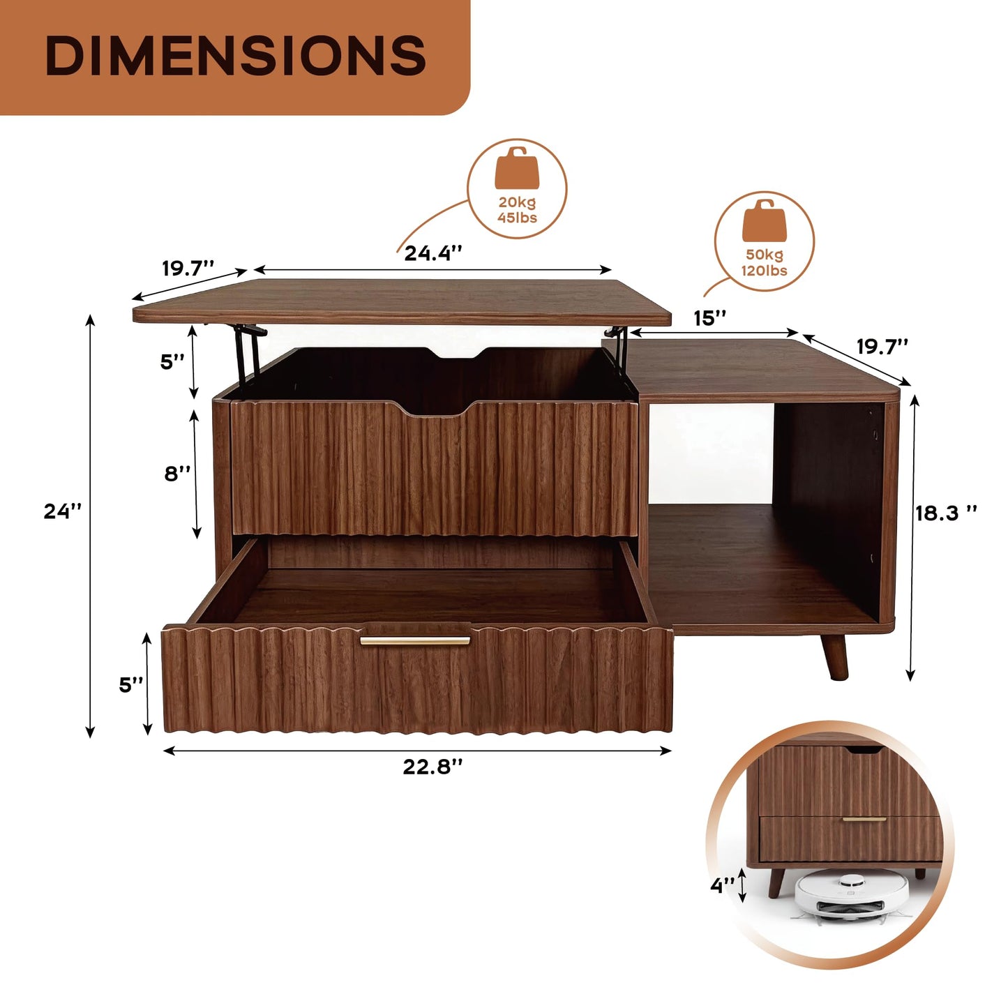 DAWNYIELD Fluted Lift Top Coffee Table with Hidden Storage, Center Table with Drawer & Open Shelf, Multi-Functional for Living Room, Space Saving, Oak