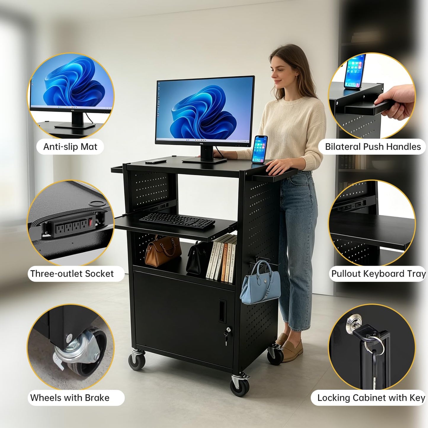 Upgraded AV Cart with Power Strip, Mobile Media Workstation with Pegboard & 12 Hooks, Locking Cabinet, Pull-Out Keyboard Tray, Rolling Computer Cart, Utility Trolley (40" x 18" x 31.5")