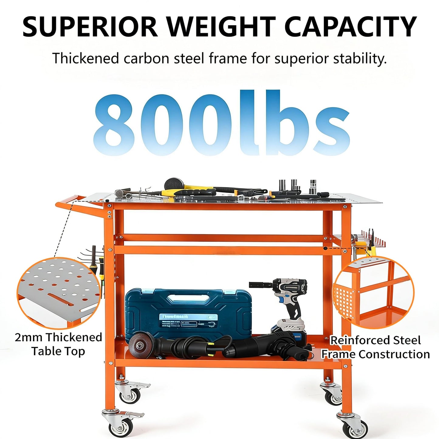 Welding Table, 36" x 24" Welding Workbench with 800LBS Steel Frame, Portable Welding Bench with 2 Brake Wheels & 4 Adjustable Feet, Side Hanging Board, 178 5/8" Fixture Holes for Garage Workshop