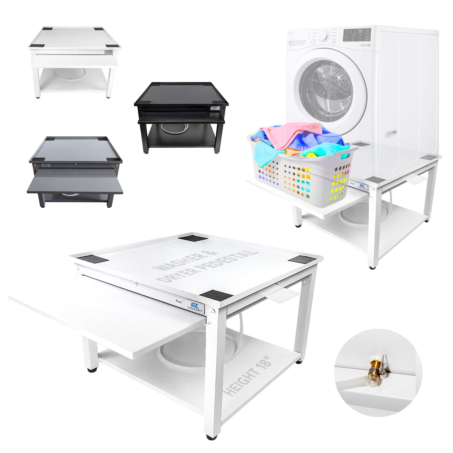 Washer and Dryer Pedestal with Pullout-Shelf - 27" W, 18" H, White Steel Universal Fit with Major Brands | Laundry Pedestal with Drain Pan & Hose | Washer Stand for Back Pain Relief, 800 lbs Capacity