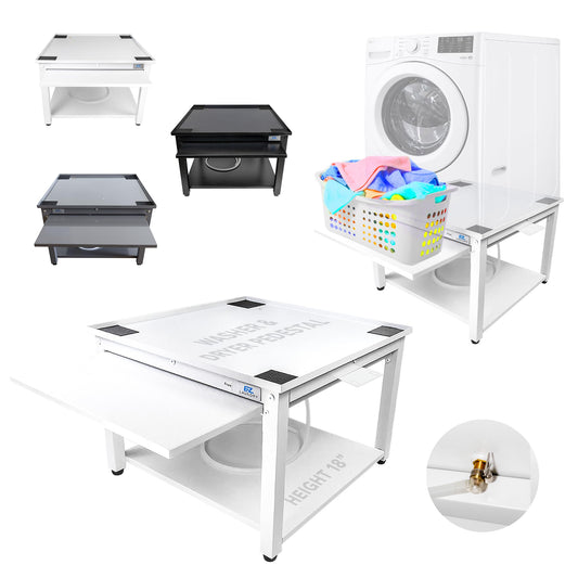 Washer and Dryer Pedestal with Pullout-Shelf - 27" W, 18" H, White Steel Universal Fit with Major Brands | Laundry Pedestal with Drain Pan & Hose | Washer Stand for Back Pain Relief, 800 lbs Capacity