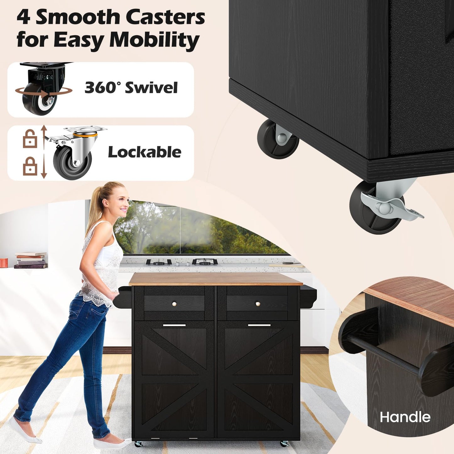 Giantex Kitchen Island Cart with Hidden Tilt Out Trash Can Cabinet, Drop Leaf, 2 Drawers, Towel Rack, Rolling Mobile Breakfast Bar Table, Wood Kitchen Storage Cart on Wheels (Black & Natural)