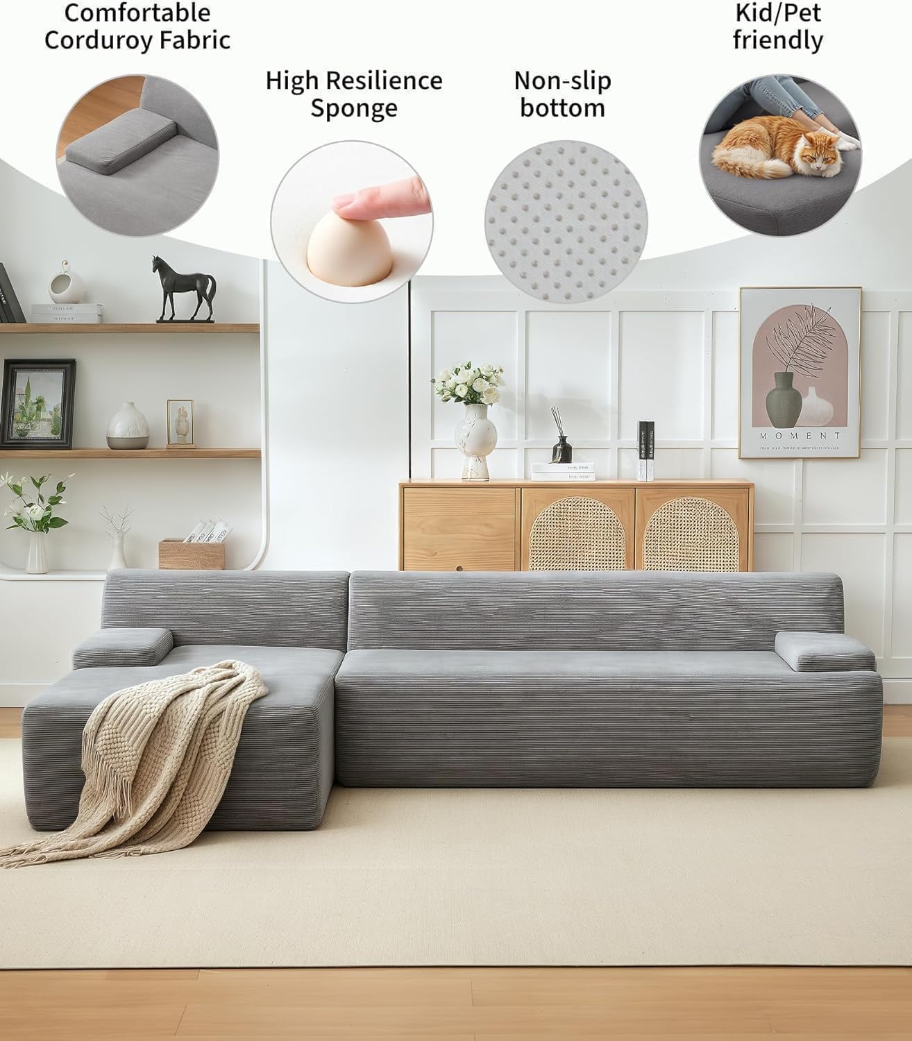 PeakPursuit Oversized 108" Corduroy Cloud Sectional, Left-Facing Chaise Boneless Modular Sofa, Soft Deep Lounger for Living Room, No Assembly Needed