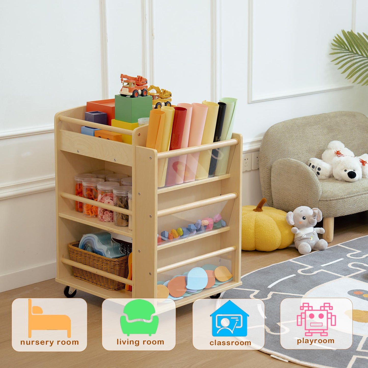 kidi house Art Activity Cart Wooden Rolling Utility Cart with Wheels 3-Tier Art Cart Organizer for Kids Multi-Functional Movable Birch Storage Cart Art and Crafts Supply Shelf Montessori Furniture