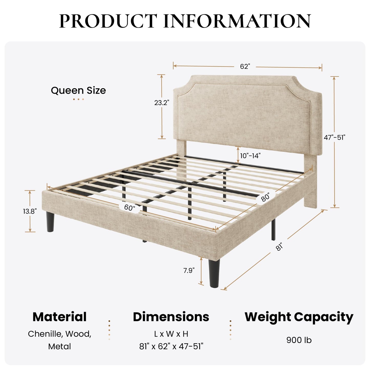 SHA CERLIN Chenille Queen Size Bed Frame with Belgrave Headboard, Beige
