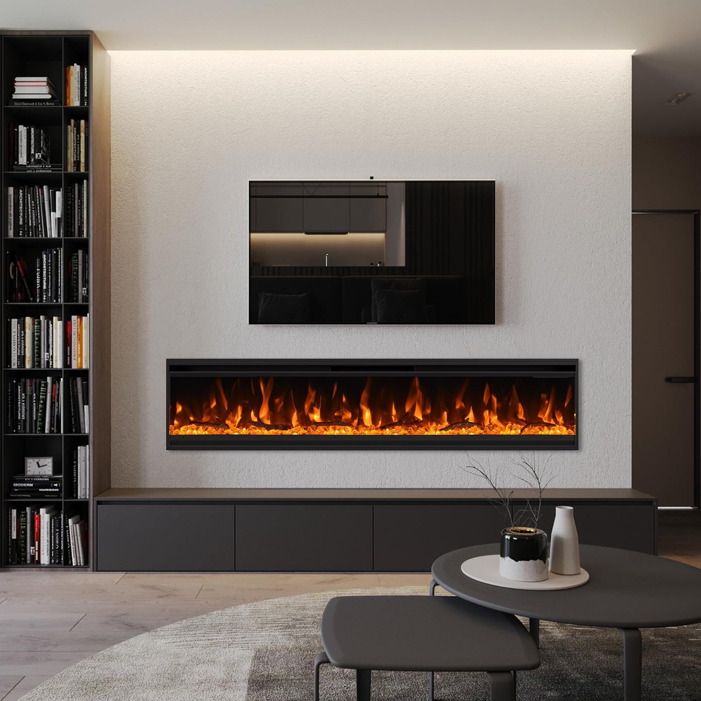 60 inch Electric Fireplace, 4.3" Ultra-Thin Electric Fireplace Inserts, Ultra-Narrow Frame, Wall Mounted and Recessed Fireplace, Log & Crystal, Touch Screen & Remote Control, 1500W