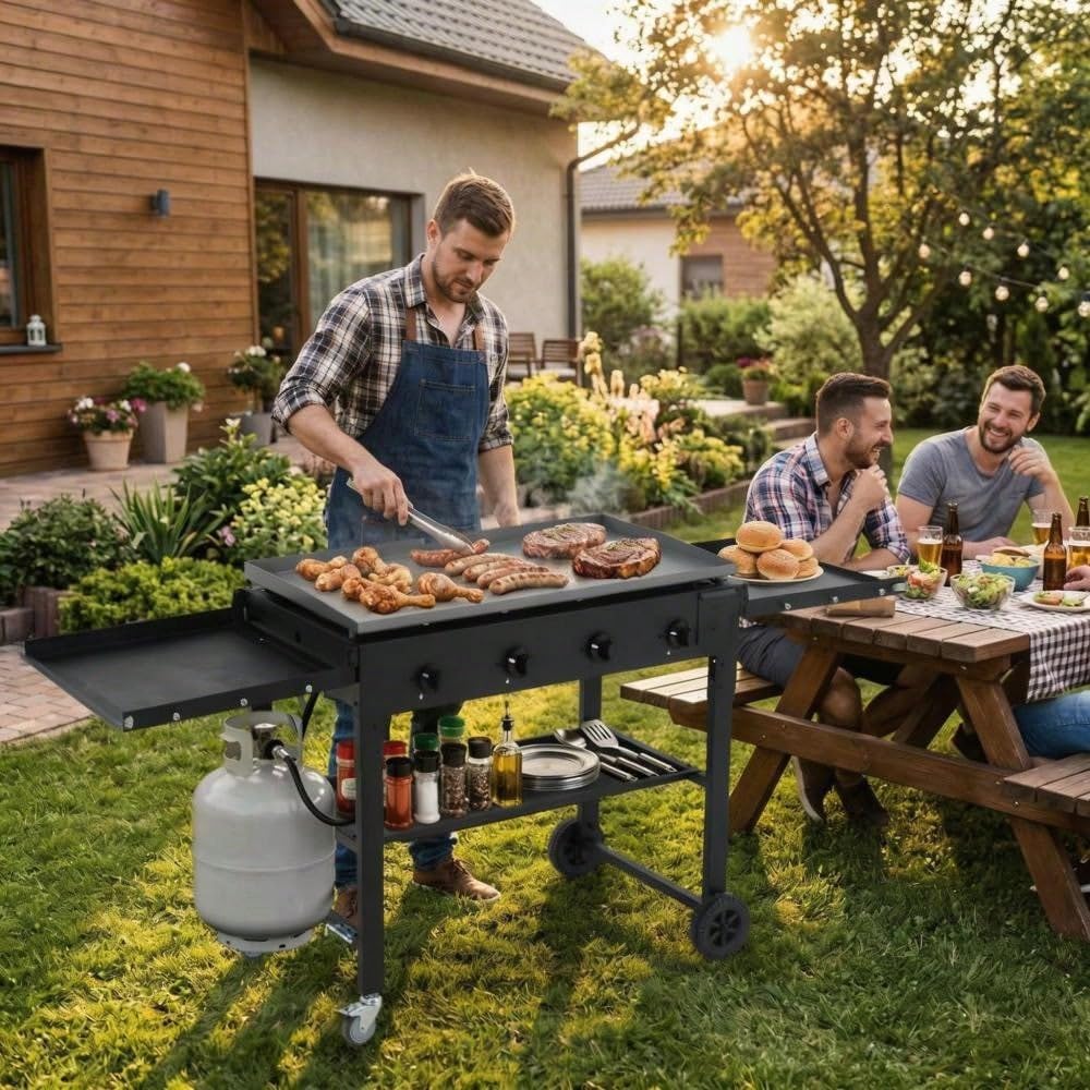 36-Inch Flat Top Gas Griddle, 4-Burner Propane Grill Station (60,000 BTU) with Foldable Shelves & Wheels, Heavy Duty Cast Iron Outdoor Flattop Grill for Backyard BBQ, RV Camping & Pan-Frying
