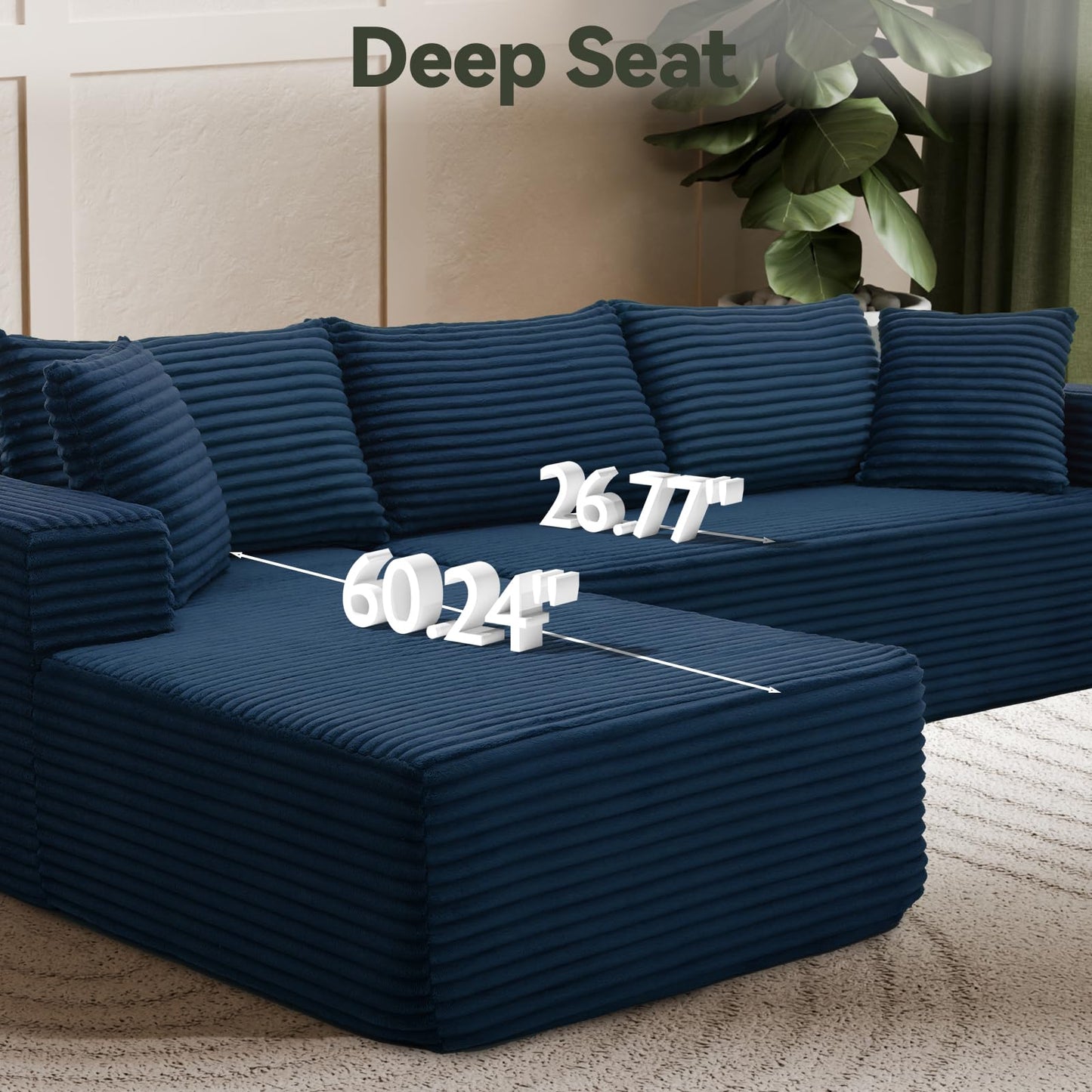 TRUNBACK 106" Modular Sectional Sofa, Blue Corduroy Cloud Couch with Right Chaise, Deep Seat Boneless Floor Sofa for Living Room, High-Resilience Foam Support, No Assembly Required, Includes Pillows
