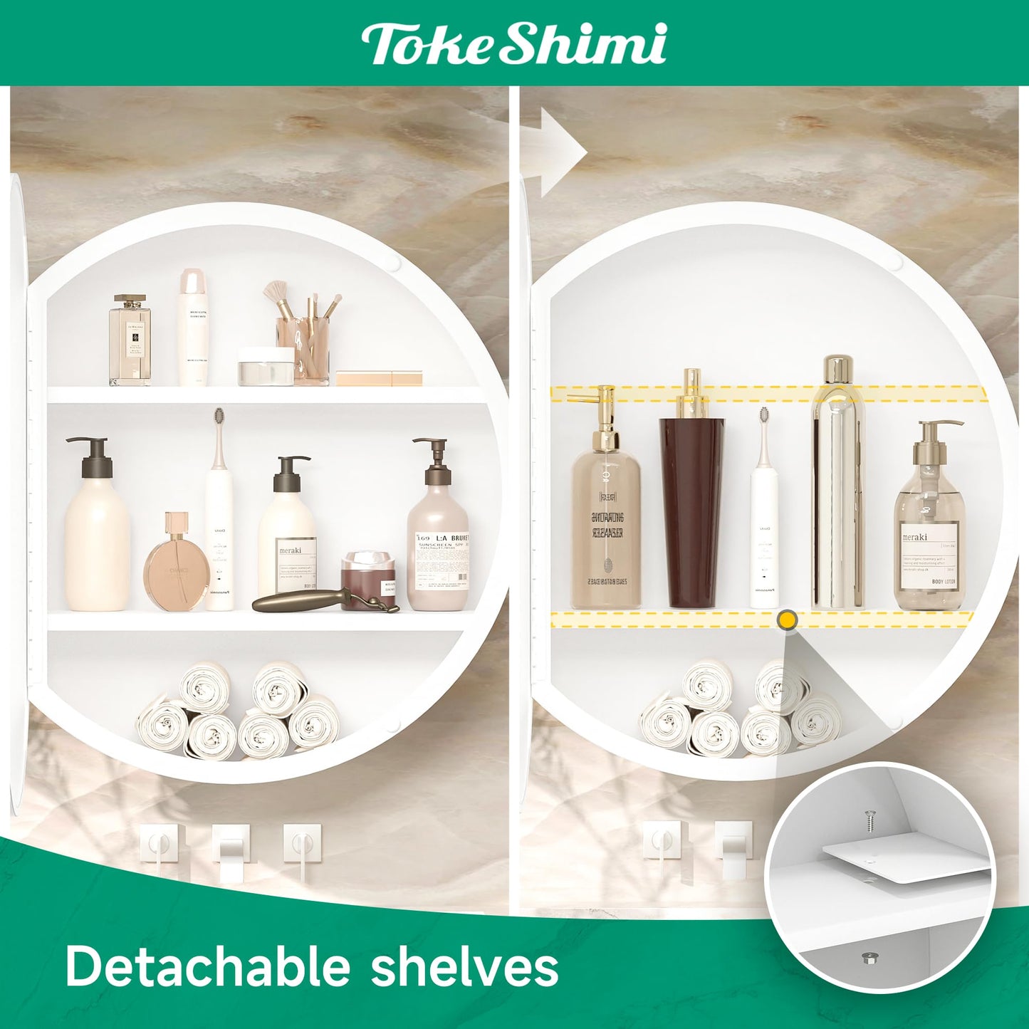 TokeShimi 24 Inch Round Bathroom Medicine Cabinet with Mirror Surface Mount Only Circular White Framed Farmhouse Medicine Cabinets for Wall Small Circle Mirrored Bath Cabinet with Vanity Mirror