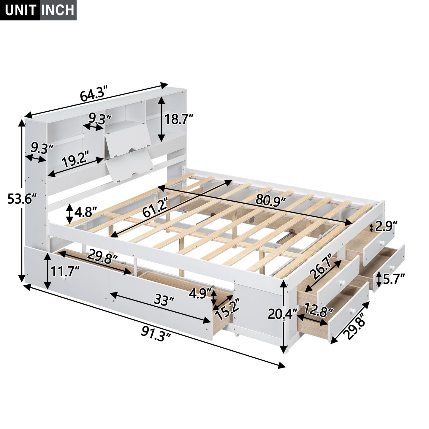 Merax Queen Size Bed Frame with Storage Headboard and 8 Drawers, Solid Wood Platform Bed, White