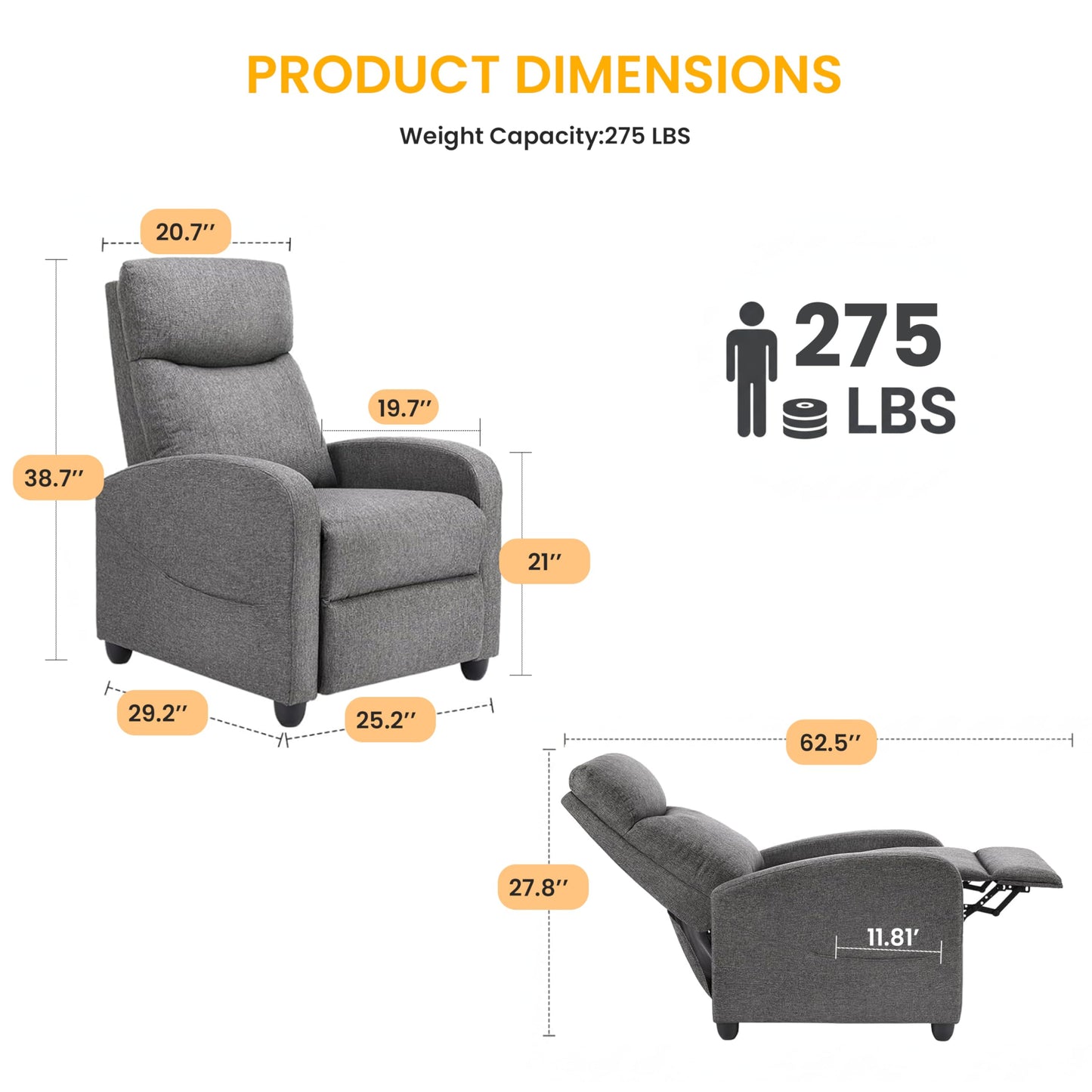 HealSmart Adjustable Push Back Massage Recliner Chair, Soft Fabric Lounge Sofa for Reading & Relaxing, Perfect Home Theater Chair for Living Room & Bedroom, Grey