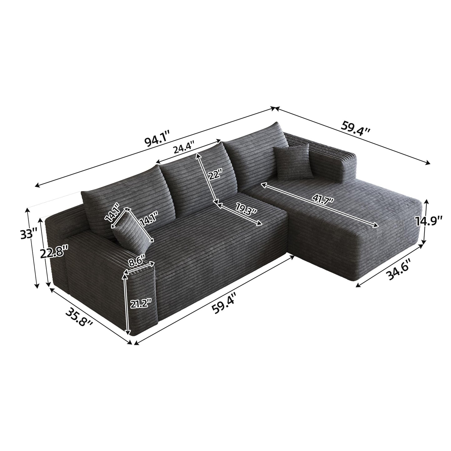 95" L Shaped Boneless Sectional Sofa Couch with Chaise Lounge, Minimalist Right Facing Compressed Cloud Modular Sectional Sofa Corner Couchfor Living Room,No Assembly Required