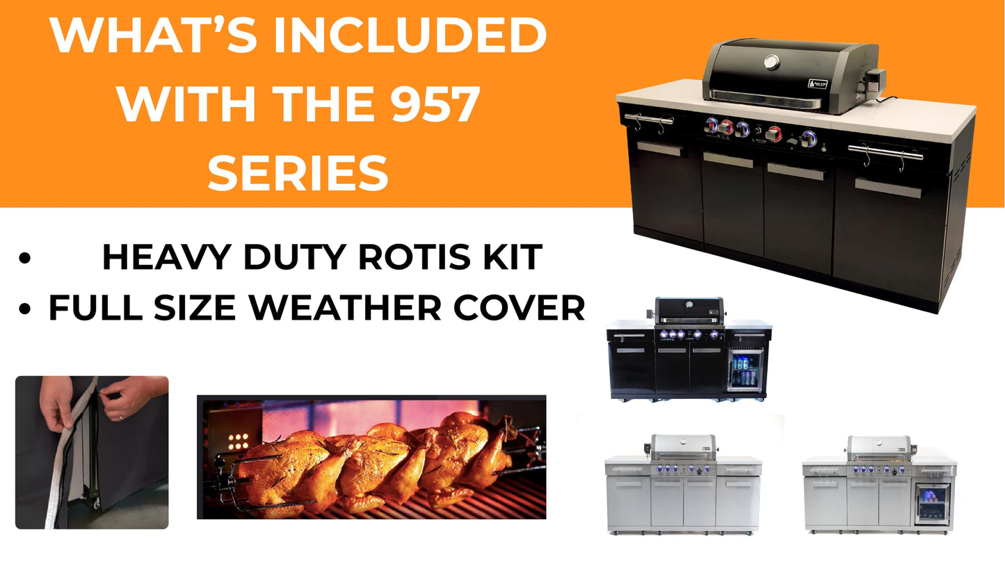 Mont Alpi Premium 70"W x 24"D x 46"H Black Stainless Steel Compact Outdoor Kitchen Island with Refrigerator + 32"W 4-Burner BBQ Grill + Rotisserie Rear Burner + Storage Cabinets + Granite Countertops