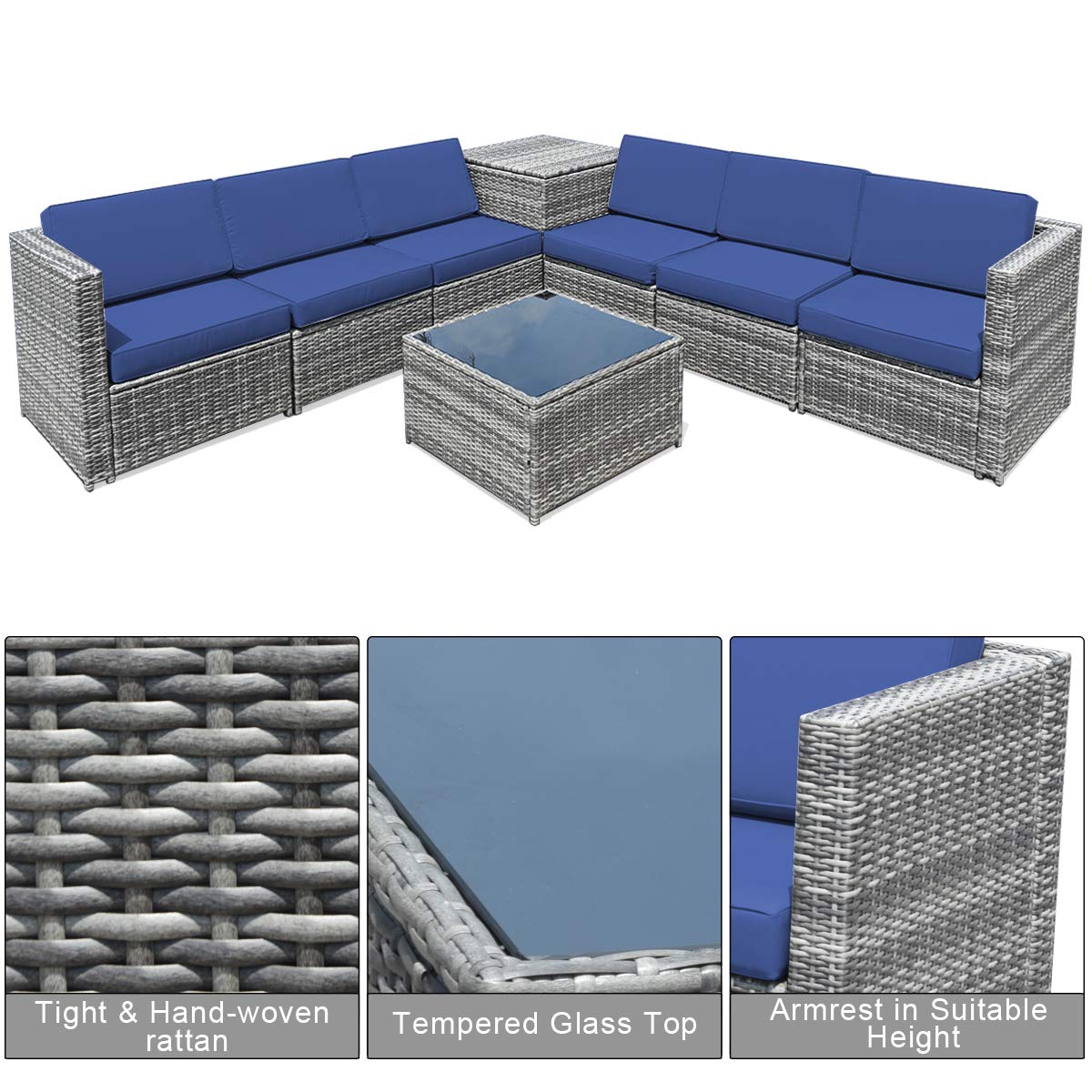 Tangkula 8 Pieces Wicker Patio Furniture Set with Storage Deck Box, PE Rattan Outdoor Sectional Sofa Conversation Set with Coffee Table & Cushions, Outside Furniture for Garden Yard Poolside (Navy)