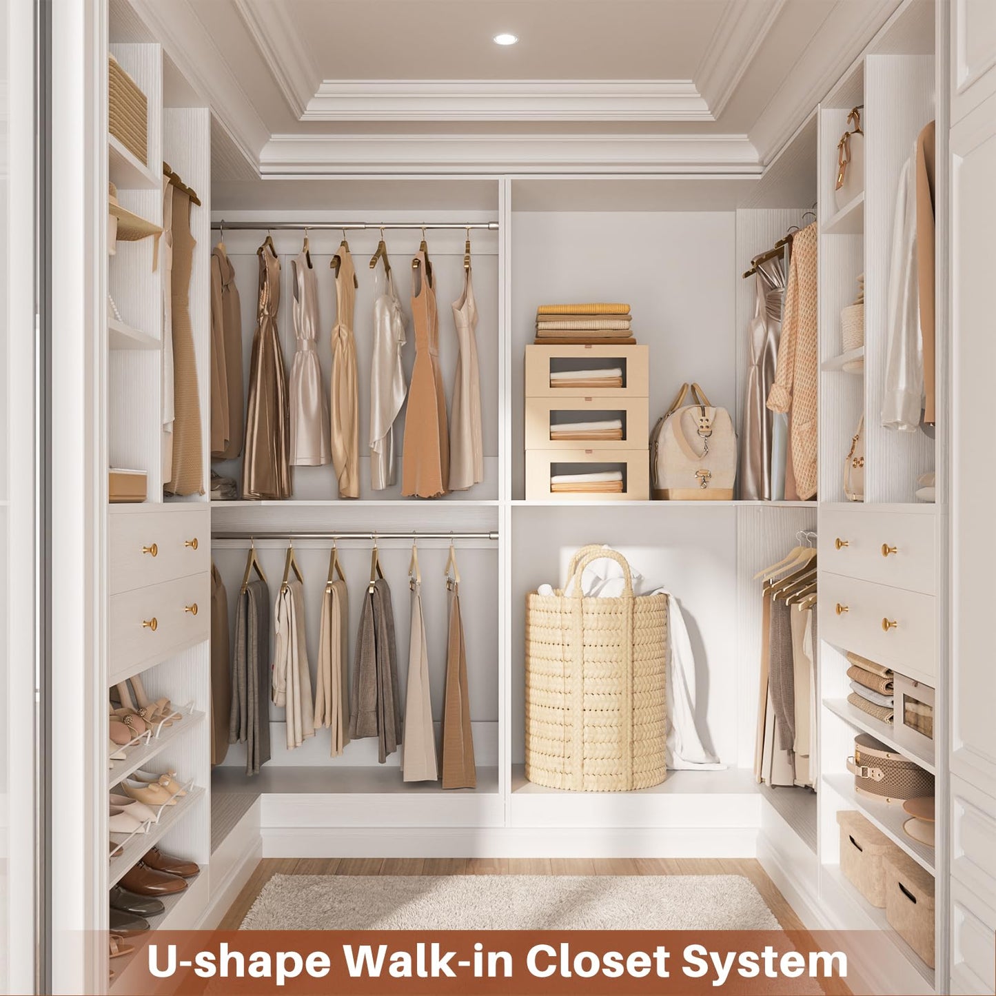Besiost Closet System with 4 Drawers & Corner Tower, Closet Organizer System with 4 Hanging Robs, Reversible U Shaped Walk-in Closet System, Load 2600+LBS Capacity, Set of 4, White