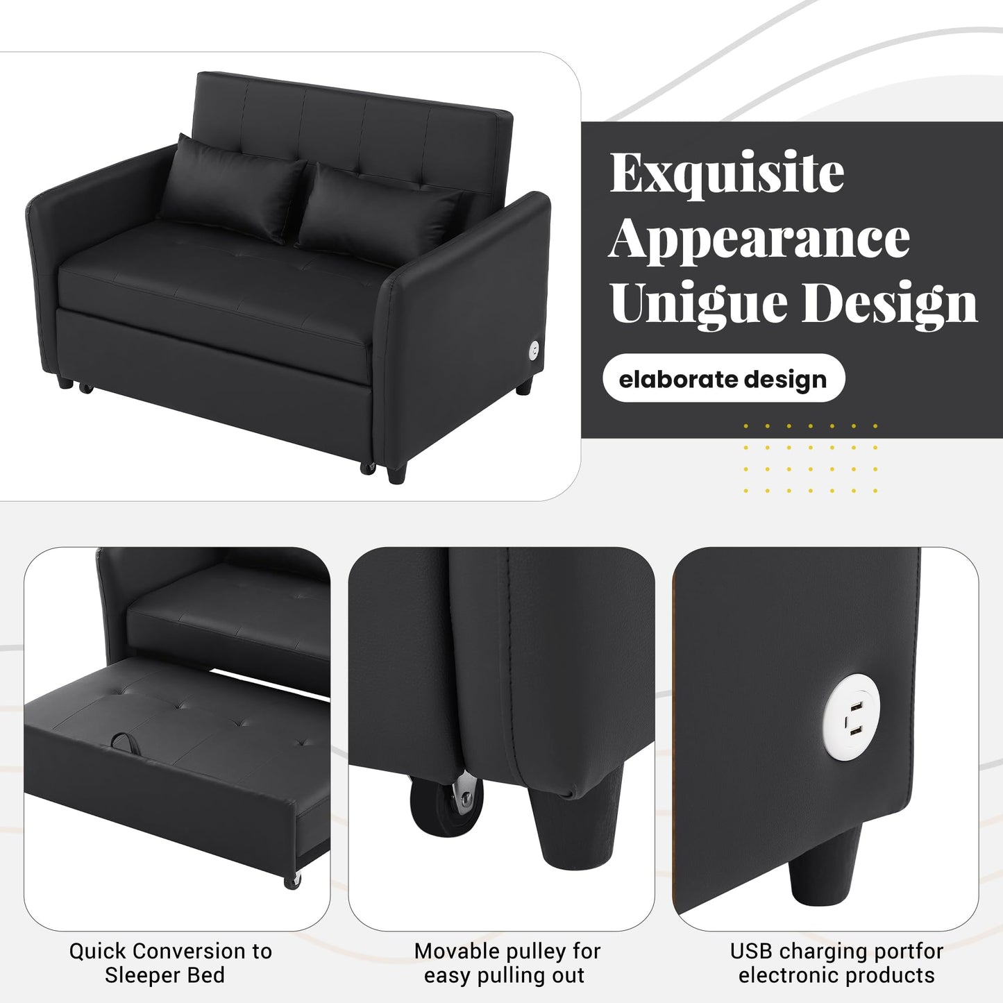 Eafurn Convertible Sleeper Sofa Bed Modern PU Leather Loveseat Sofa with Pull-Out Bed, Futon Loveseat Couch for Small Spaces, Office, Guest Room, Living Room,RV, with USB Charging Port