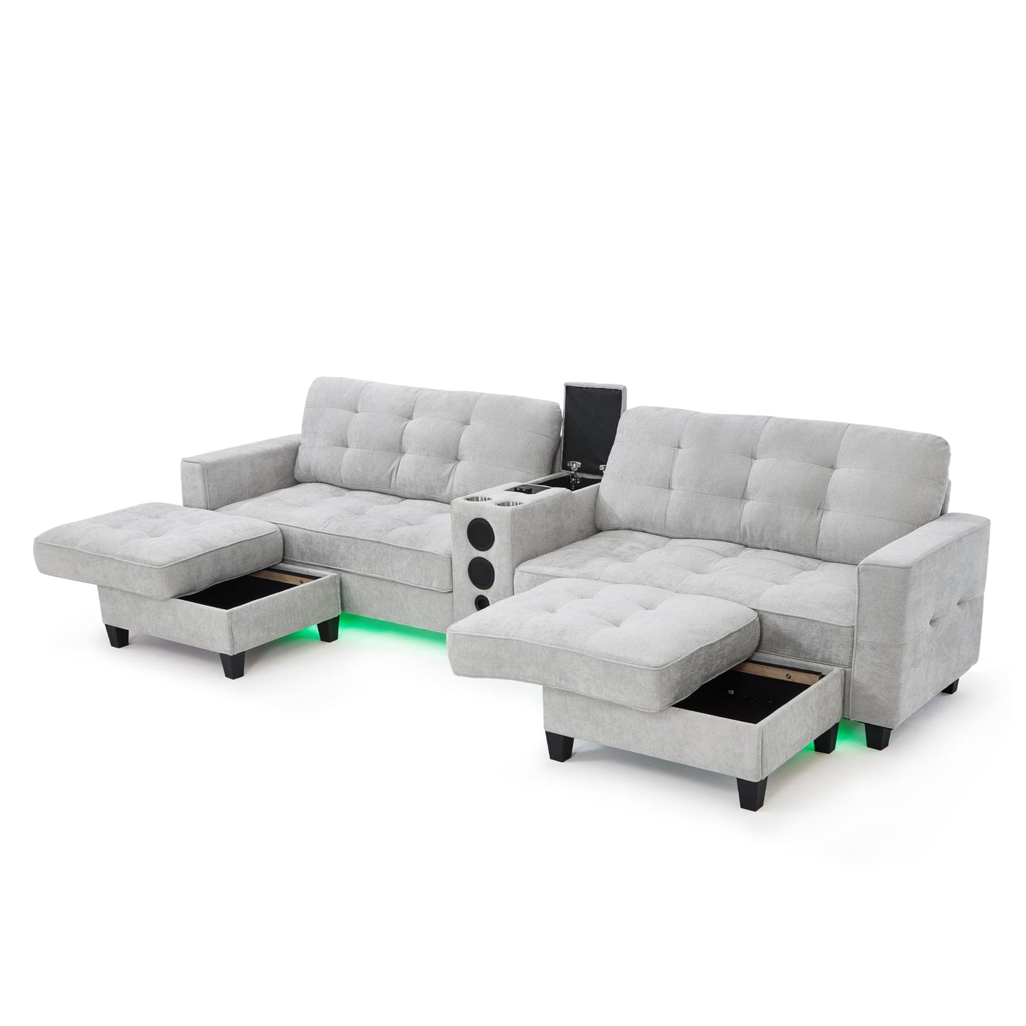 Eafurn 126" Oversized U-Shaped Modular Sectional Sofa with 2 Storage Ottomans, Multi-Functional Symmetrical Tufted Sectional Sofa Couch with Speakers, Wireless Charging, USB Ports & Cup Holders