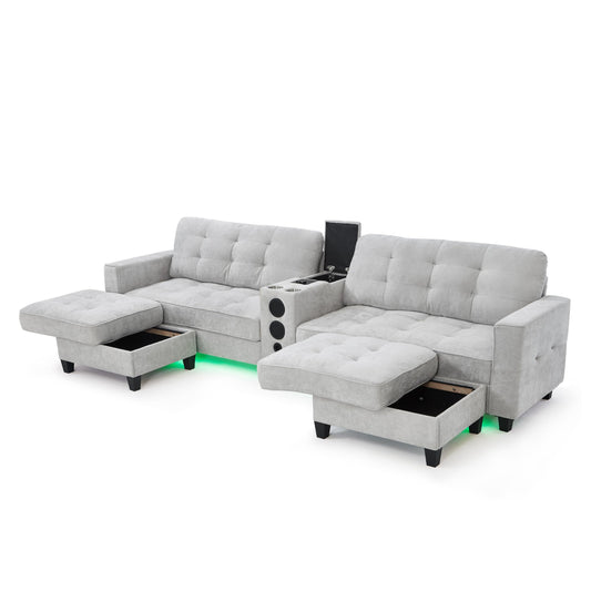 Eafurn 126" Oversized U-Shaped Modular Sectional Sofa with 2 Storage Ottomans, Multi-Functional Symmetrical Tufted Sectional Sofa Couch with Speakers, Wireless Charging, USB Ports & Cup Holders