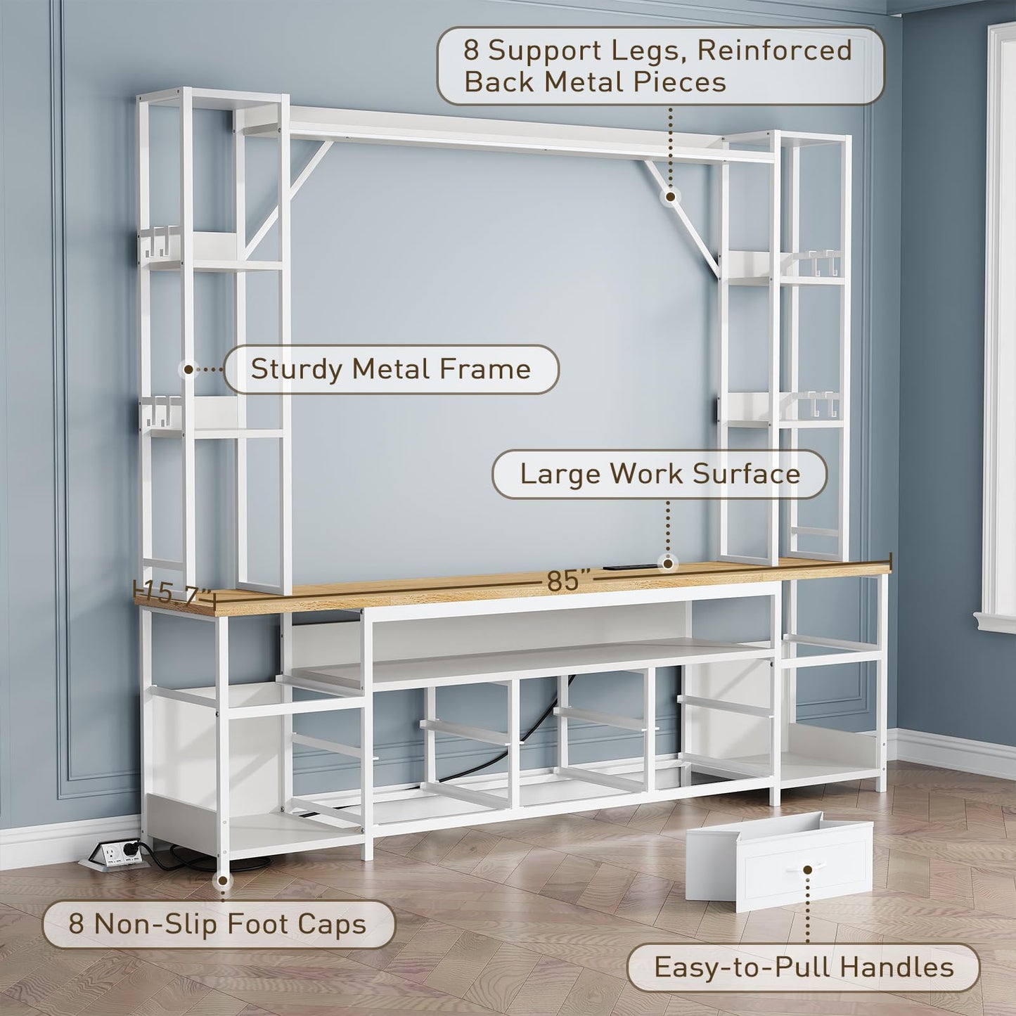 RALGEND Large Entertainment Center for Living Room, Wall Unit TV Stand with Bookshelves for TVs up to 65", Media Cabinet with Storage Drawers, LED TV Console with Power Outlets, White and Natural