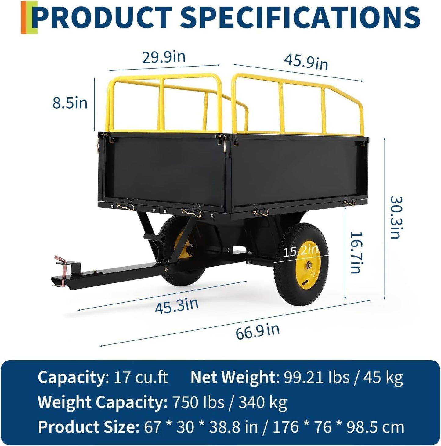 Garvee ATV UTV Trailer Tow Behind Dump Cart, 750Lbs 17 Cubic Feet, Heavy Duty Yard Garden Trailer Pull Behind Dump Trailer for Lawn Mower Tractor