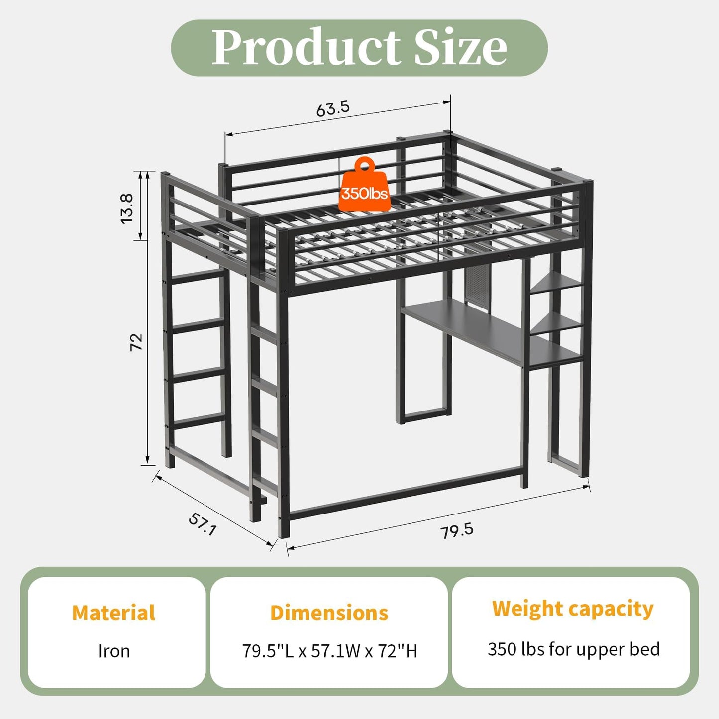 Sailret Full Metal Loft Bed with Desk, Pegboard and Display Shelves, Space-Saving Frame with Ladder and Full-Length Guardrails, Space-Saving Bed for Bedroom, Black (Mattress Not Included)